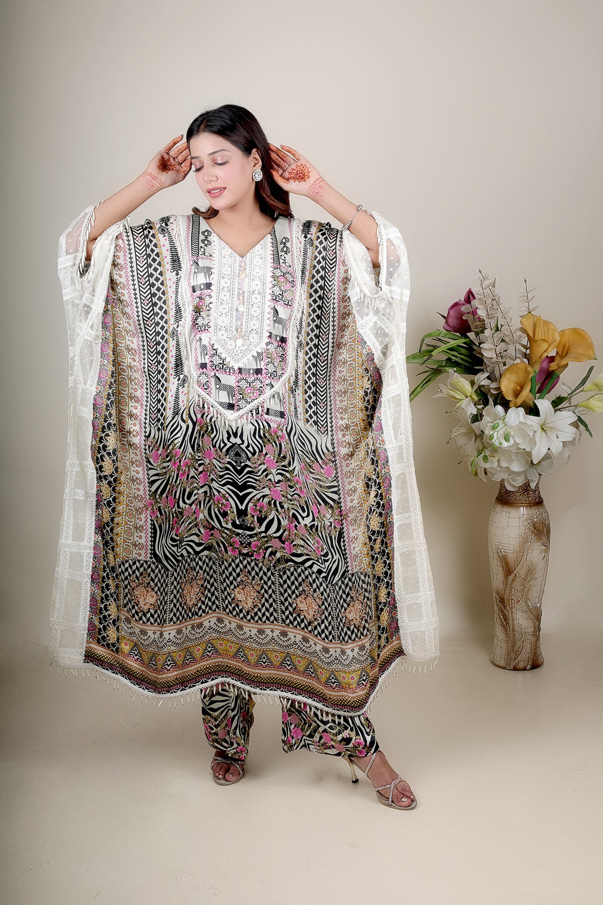 White Printed Kaftan in Crepe