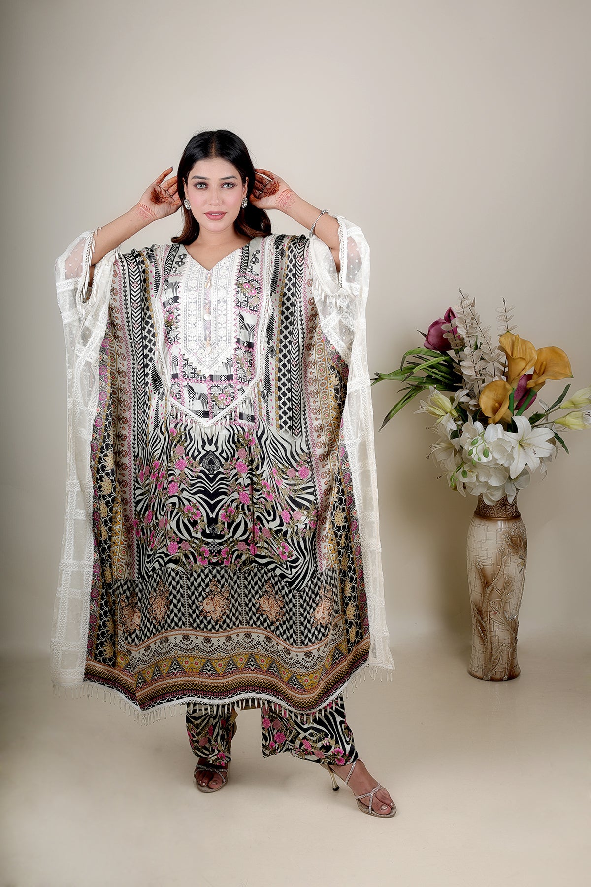 White Printed Kaftan in Crepe