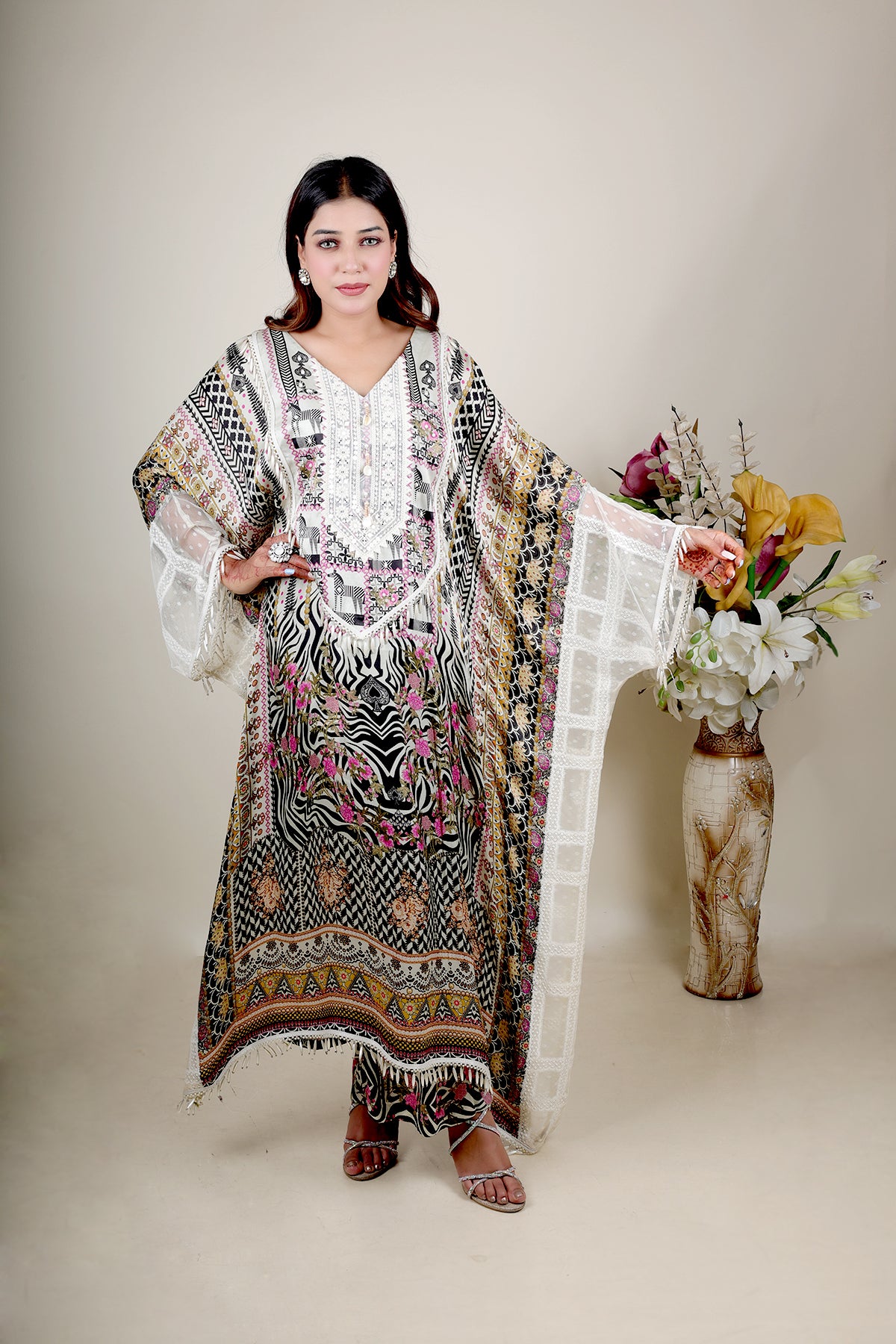 White Printed Kaftan in Crepe