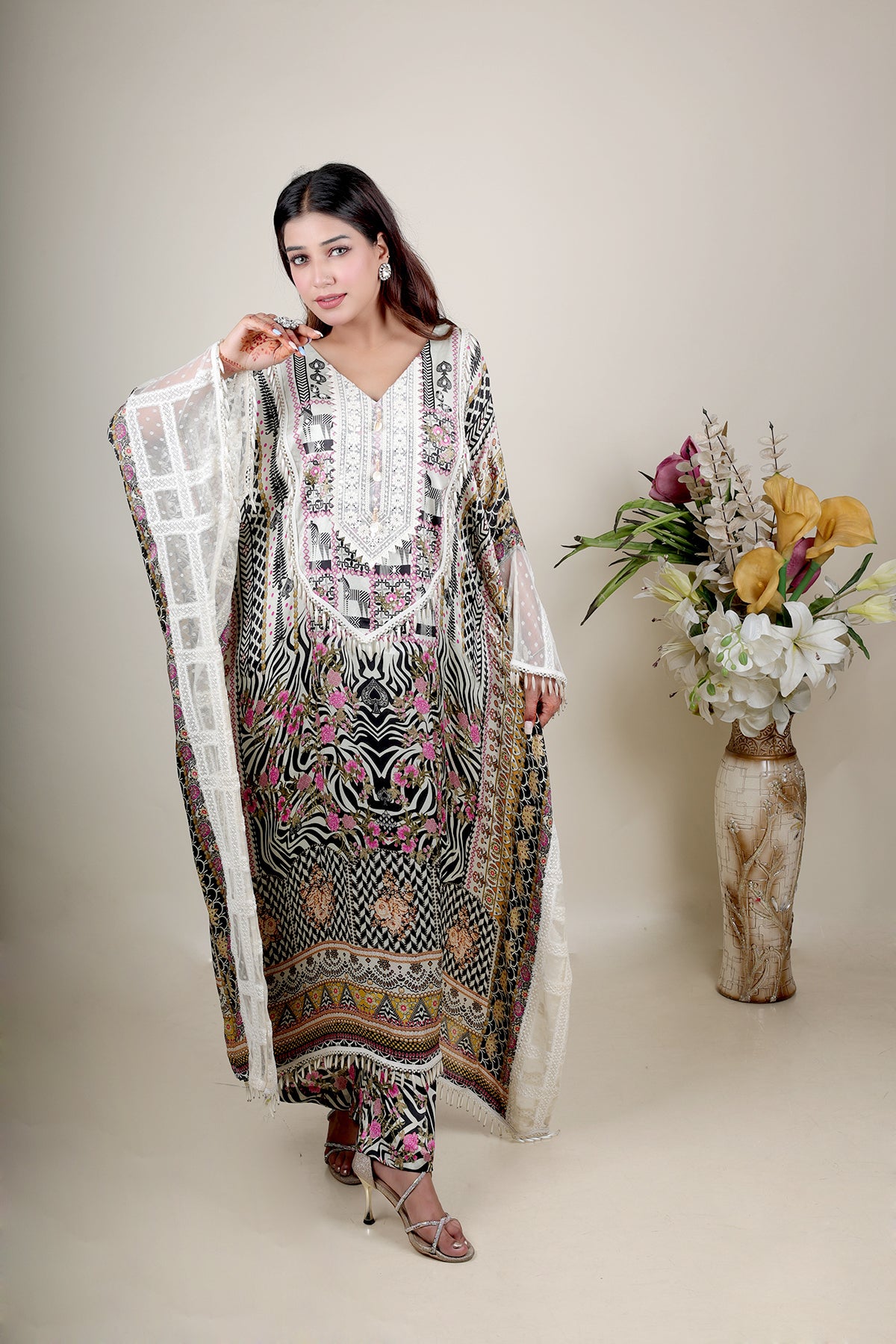 White Printed Kaftan in Crepe