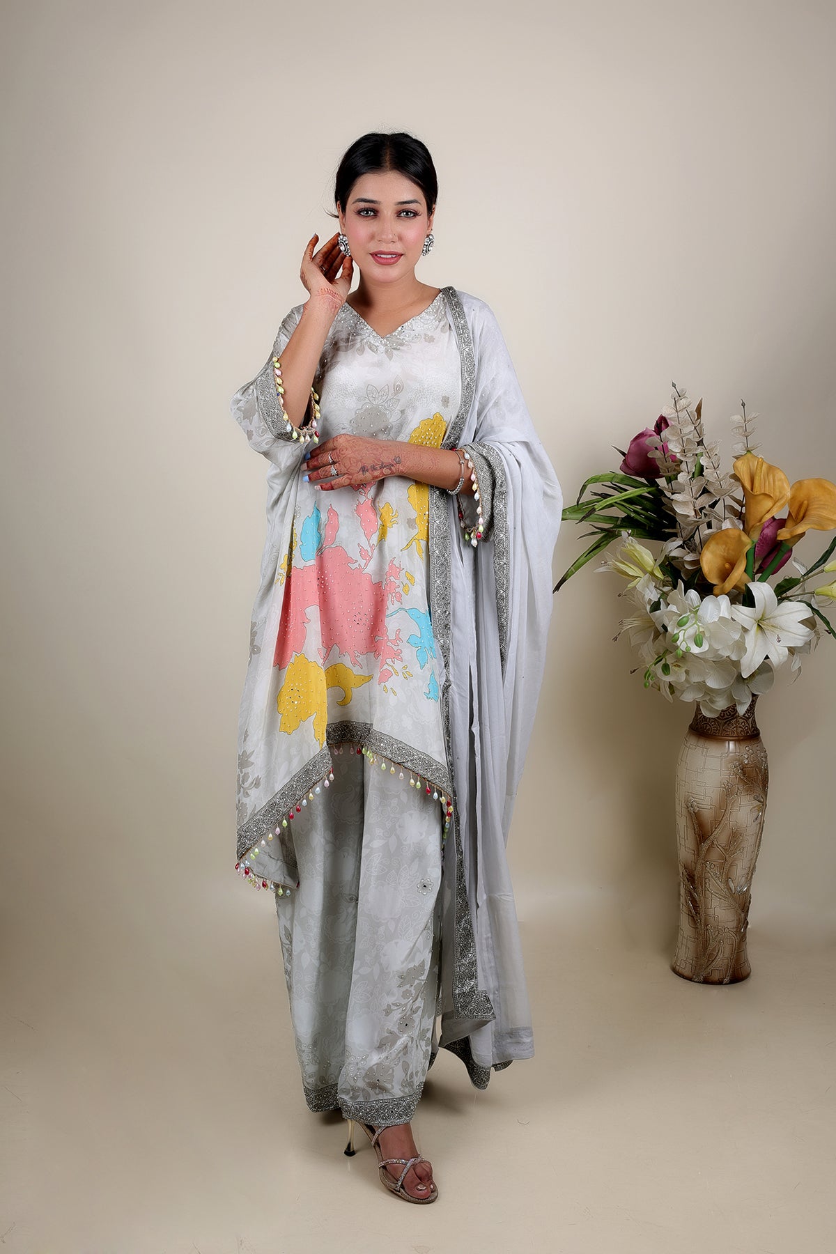 Ice Blue Printed Palazzo suit with dupatta in crepe