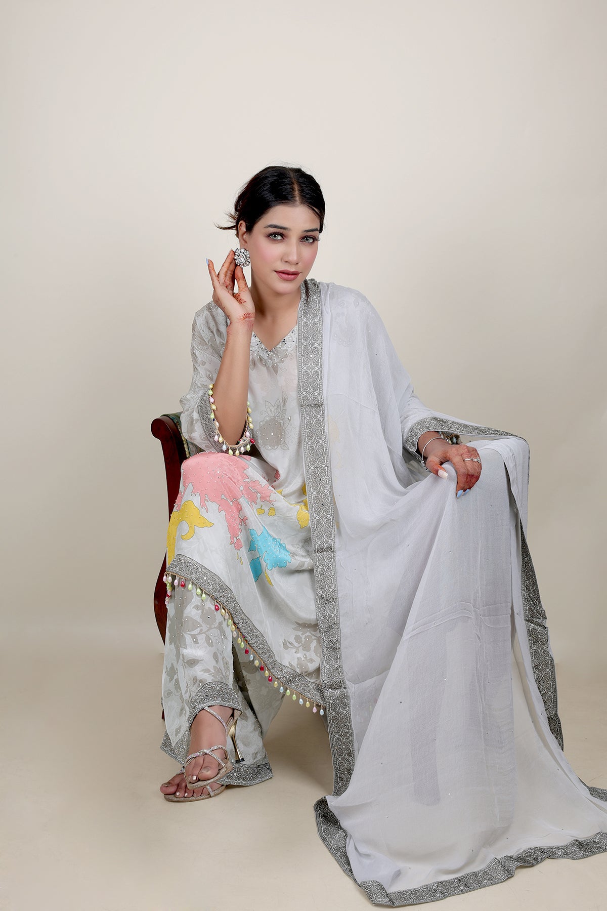 Ice Blue Printed Palazzo suit with dupatta in crepe