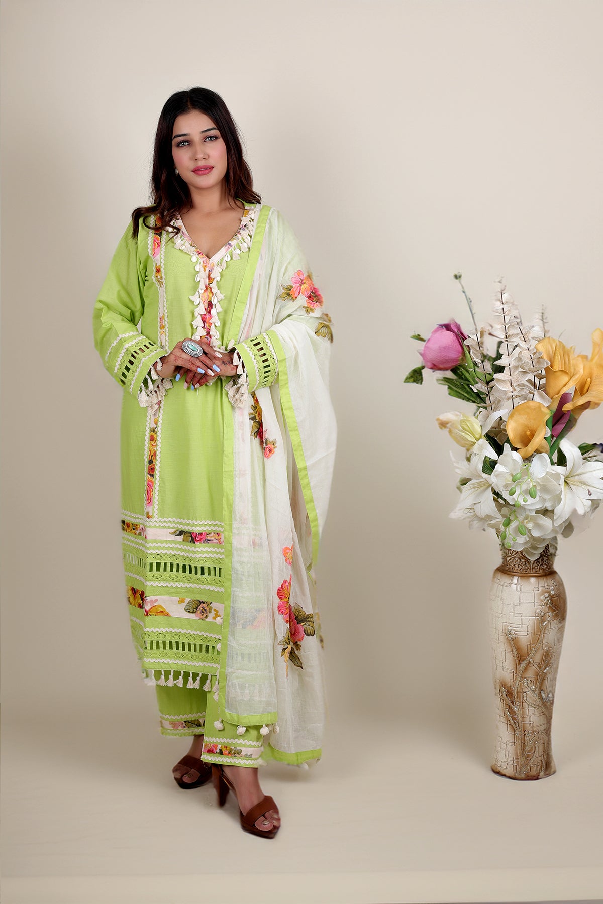 Lime Green Kurta Set with Pent in Cotton