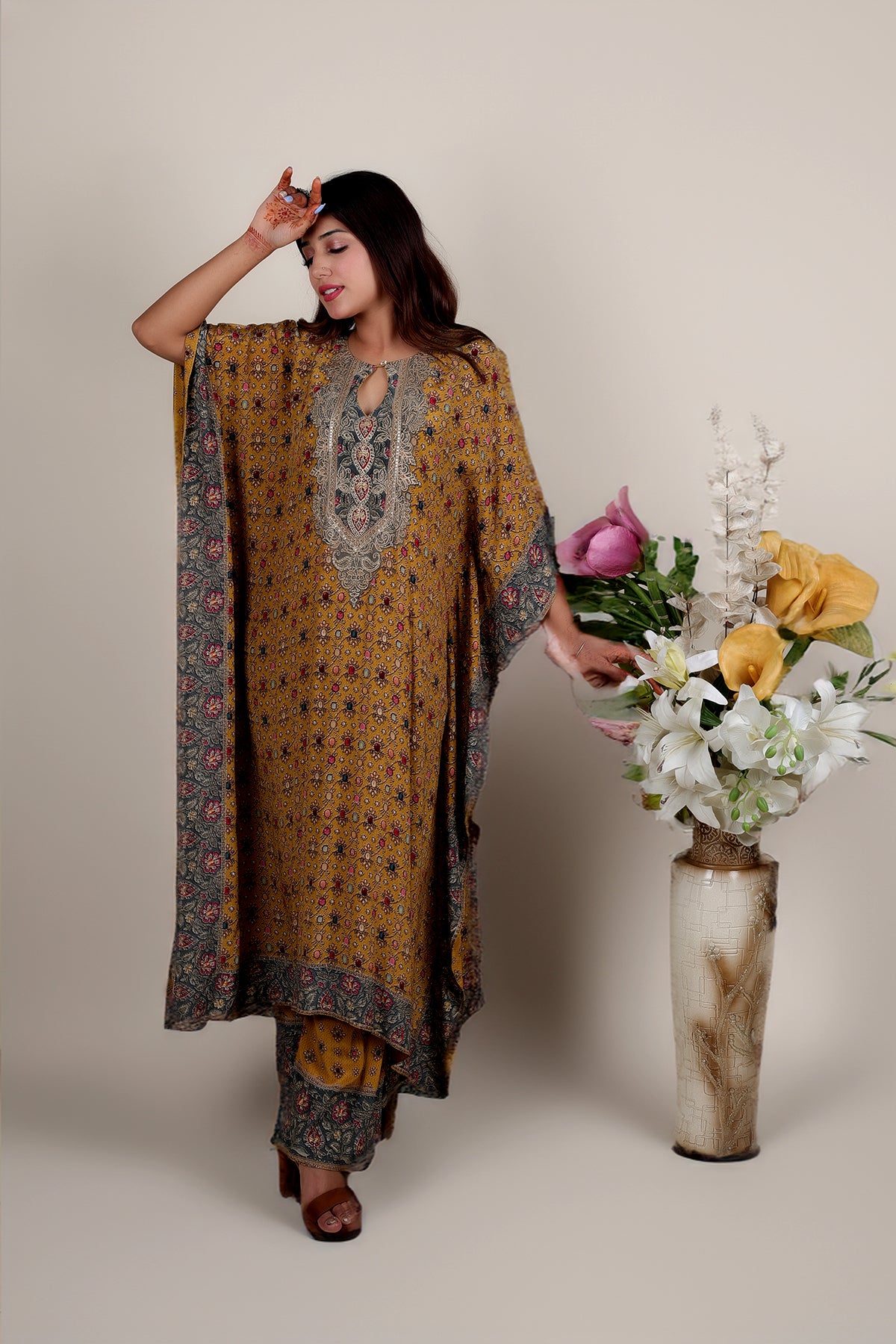 Mustard Printed Kaftan with Pent in Crepe