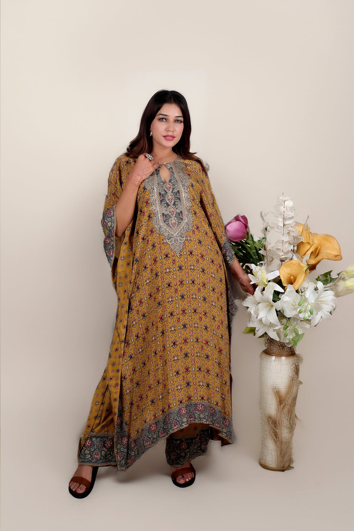 Mustard Printed Kaftan with Pent in Crepe