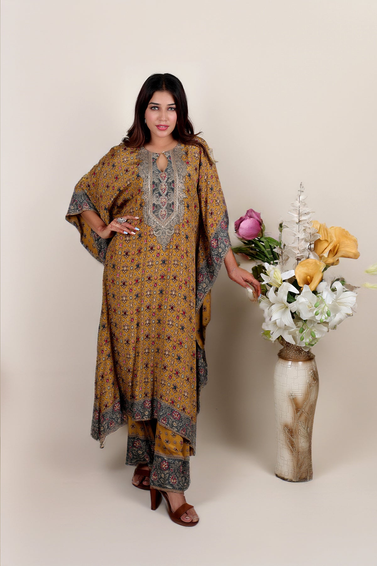 Mustard Printed Kaftan with Pent in Crepe