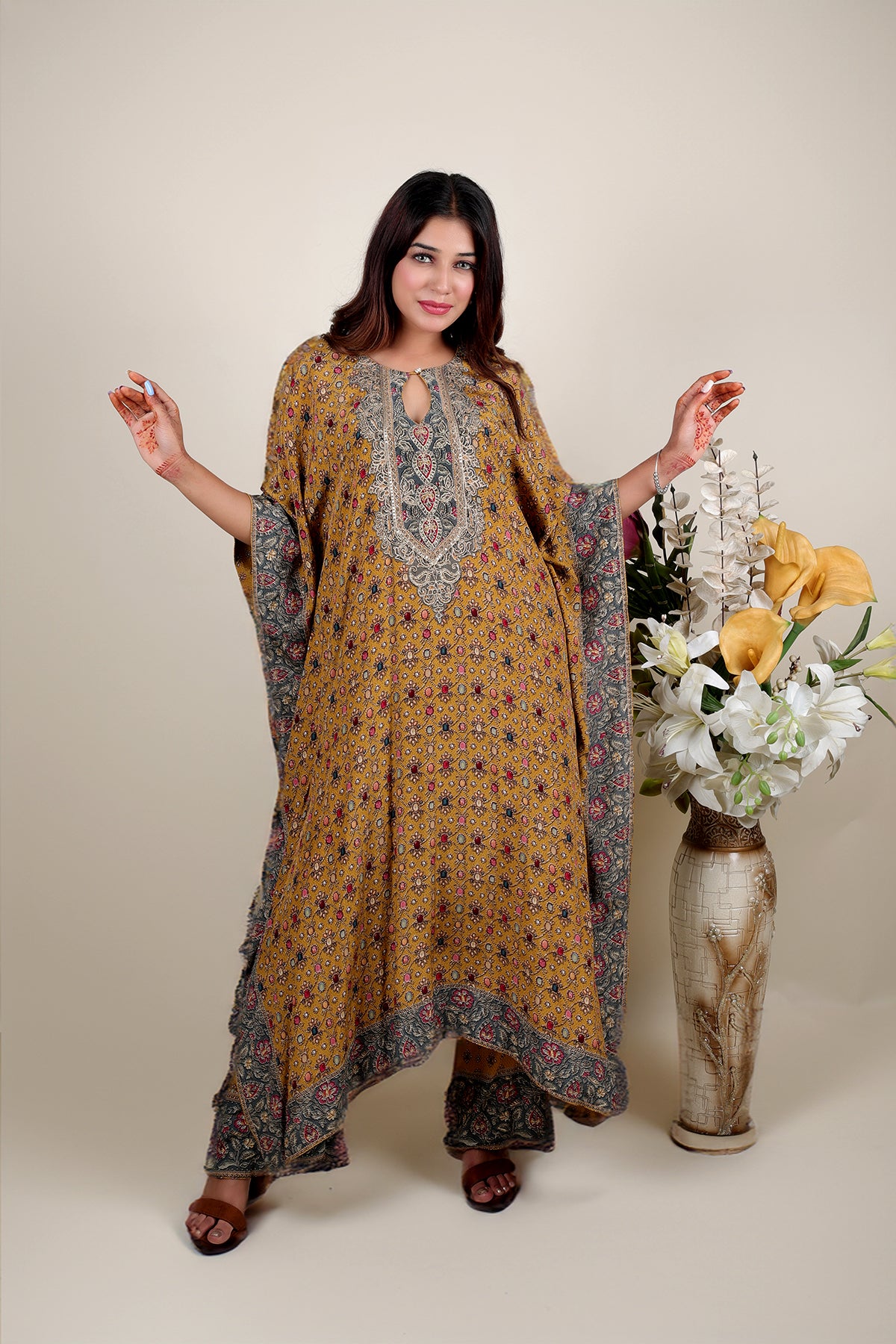 Mustard Printed Kaftan with Pent in Crepe