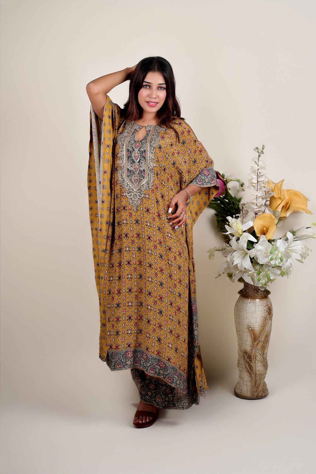 Mustard Printed Kaftan with Pent in Crepe