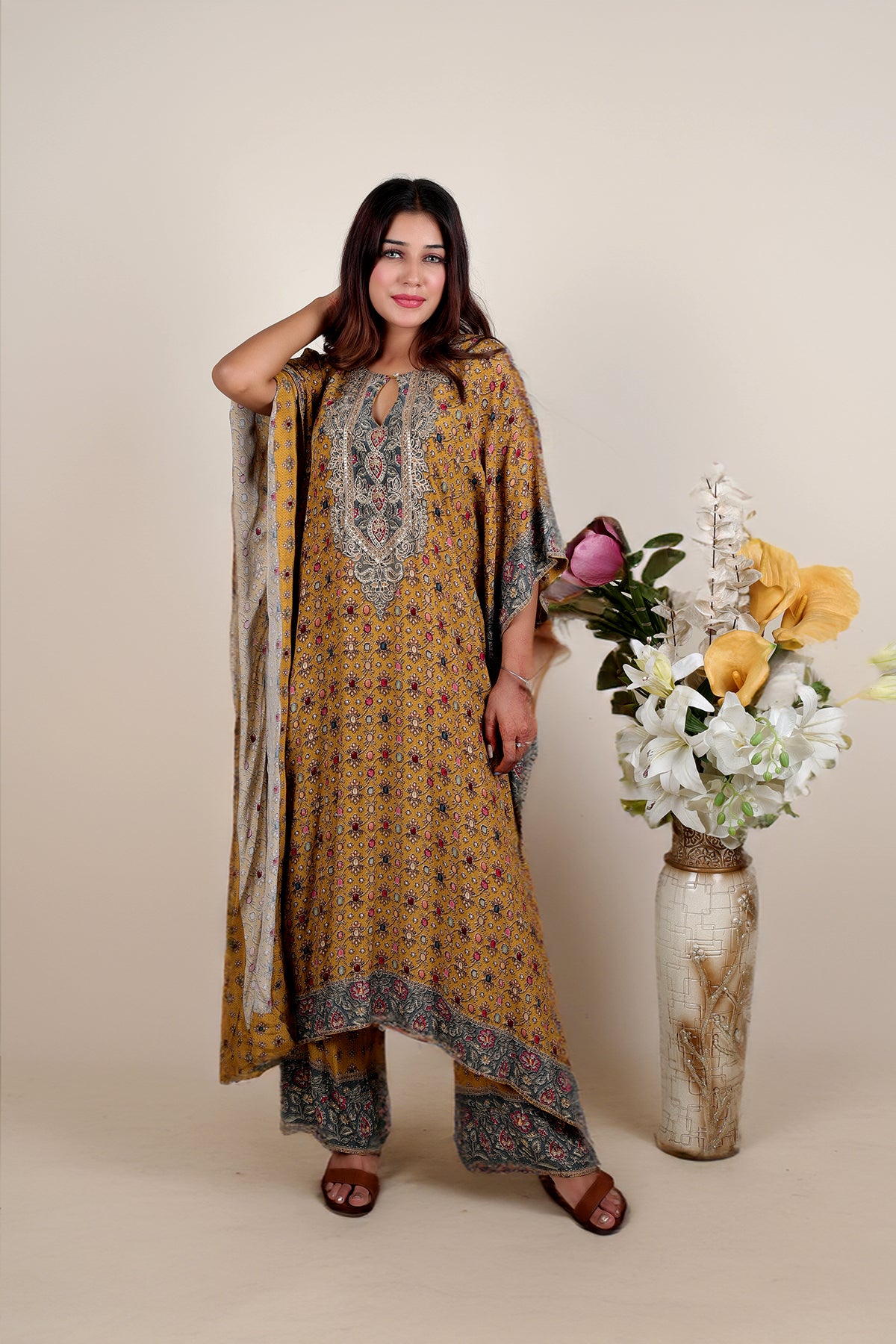 Mustard Printed Kaftan with Pent in Crepe