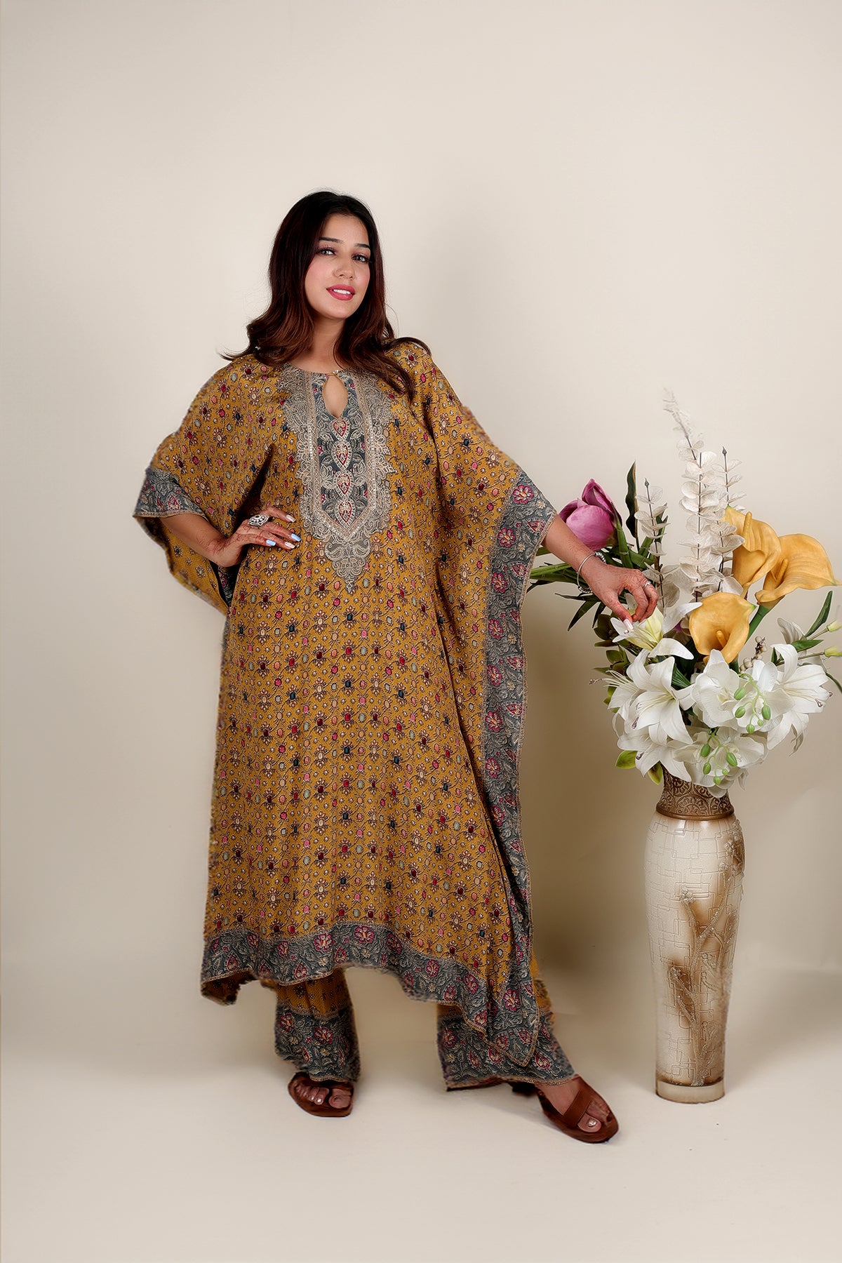 Mustard Printed Kaftan with Pent in Crepe