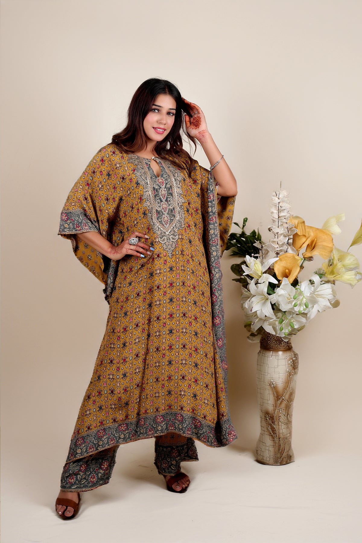 Mustard Printed Kaftan with Pent in Crepe