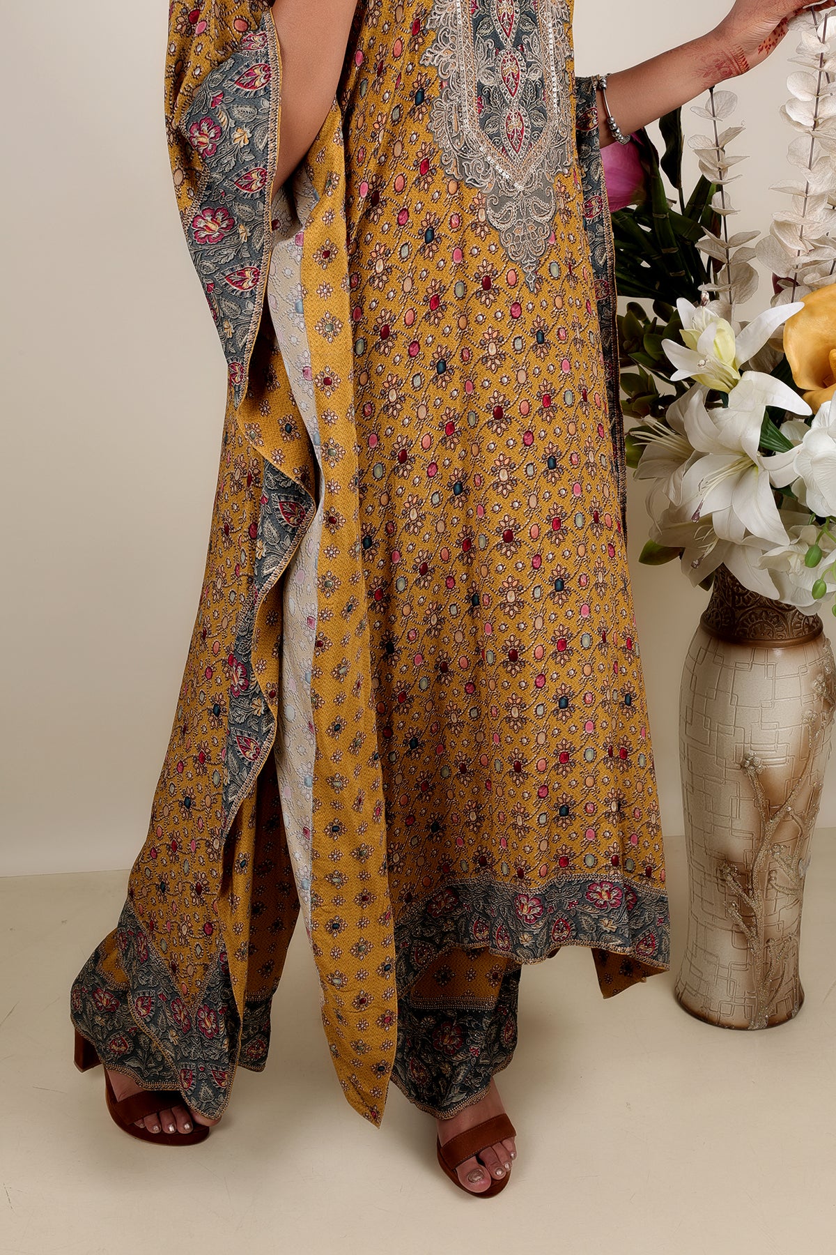 Mustard Printed Kaftan with Pent in Crepe