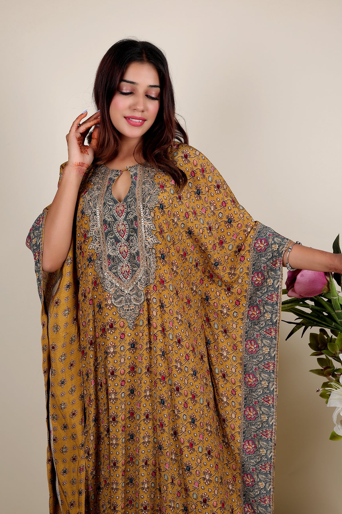 Mustard Printed Kaftan with Pent in Crepe