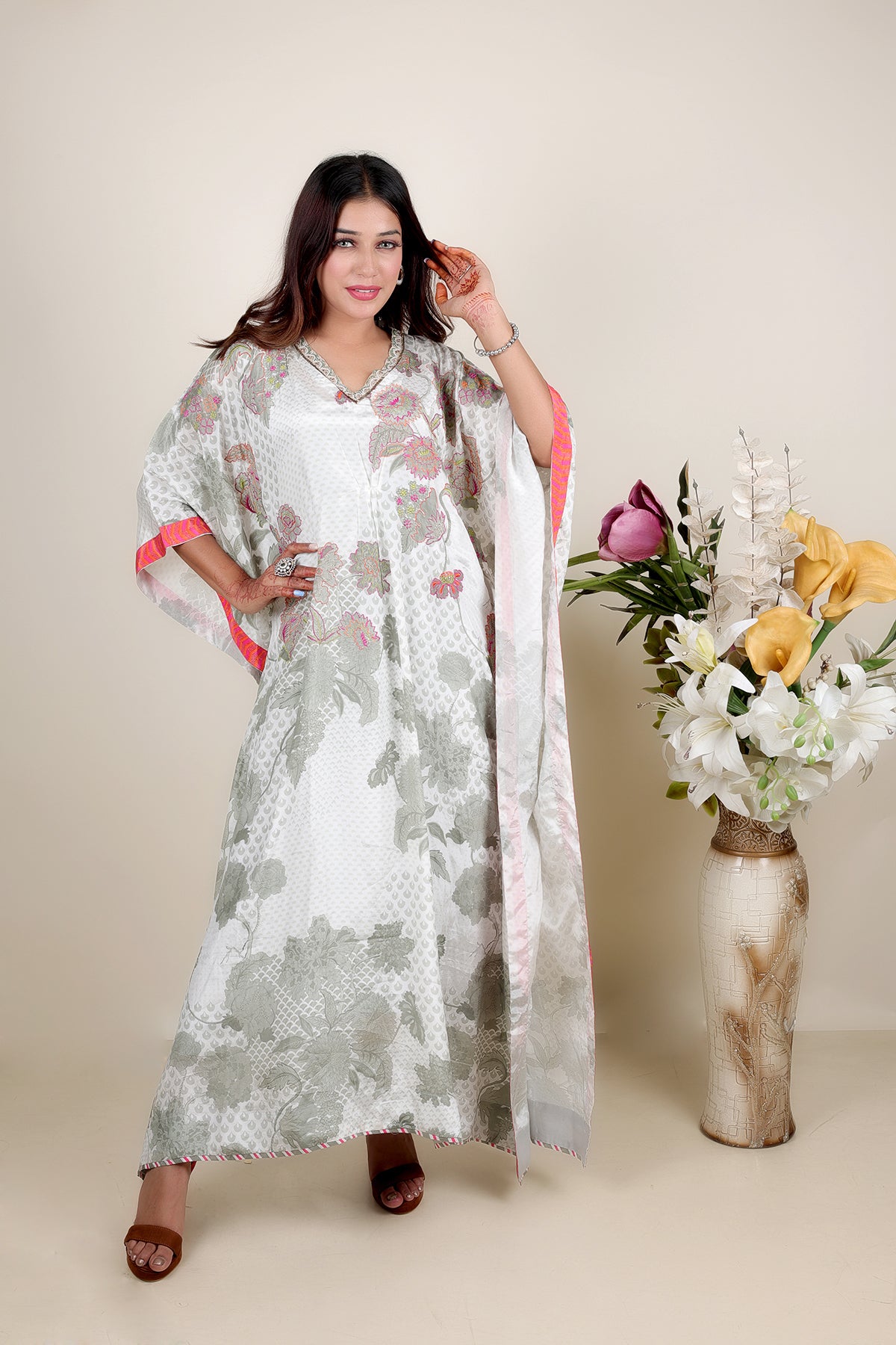 White Printed Kaftan in Crepe