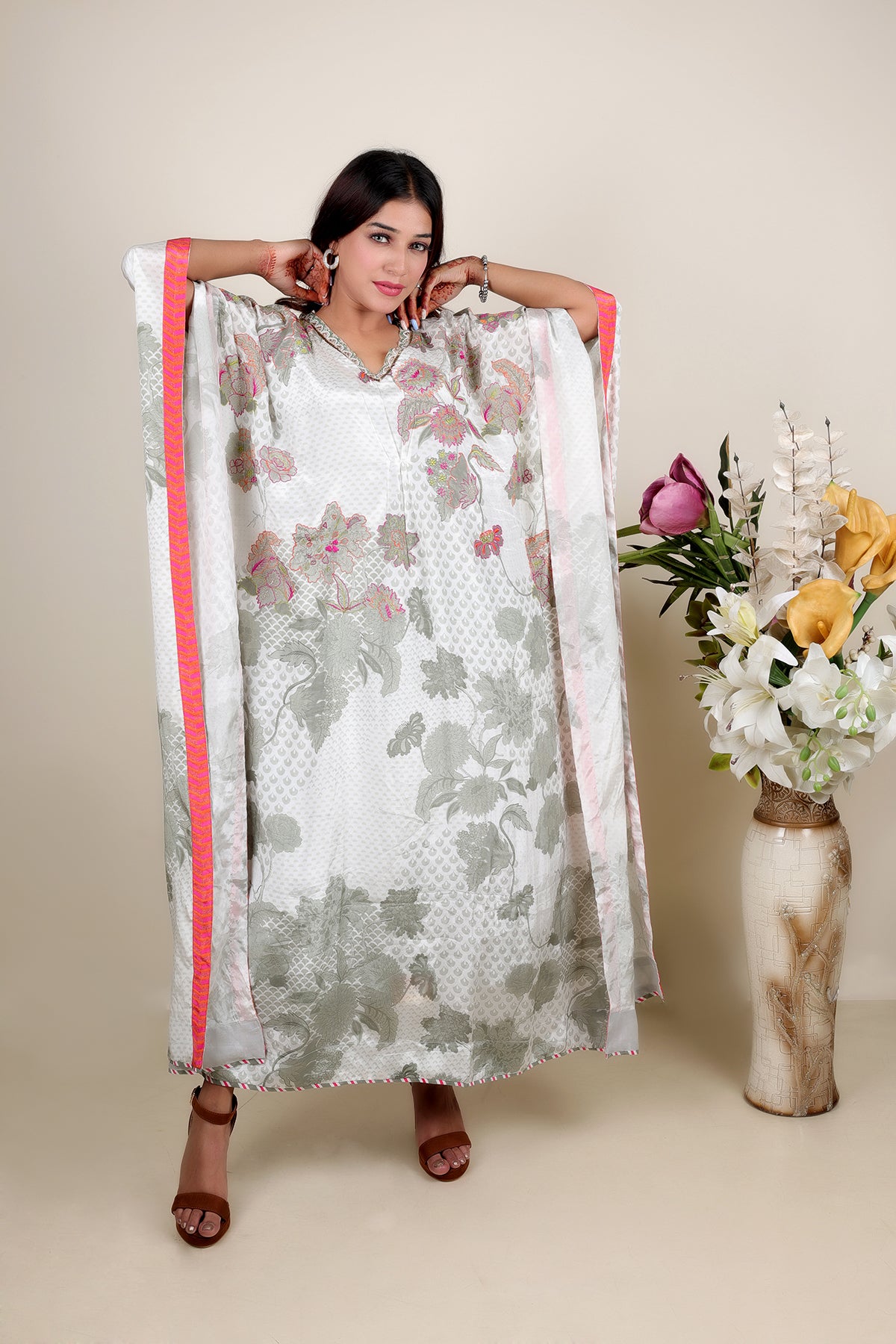 White Printed Kaftan in Crepe