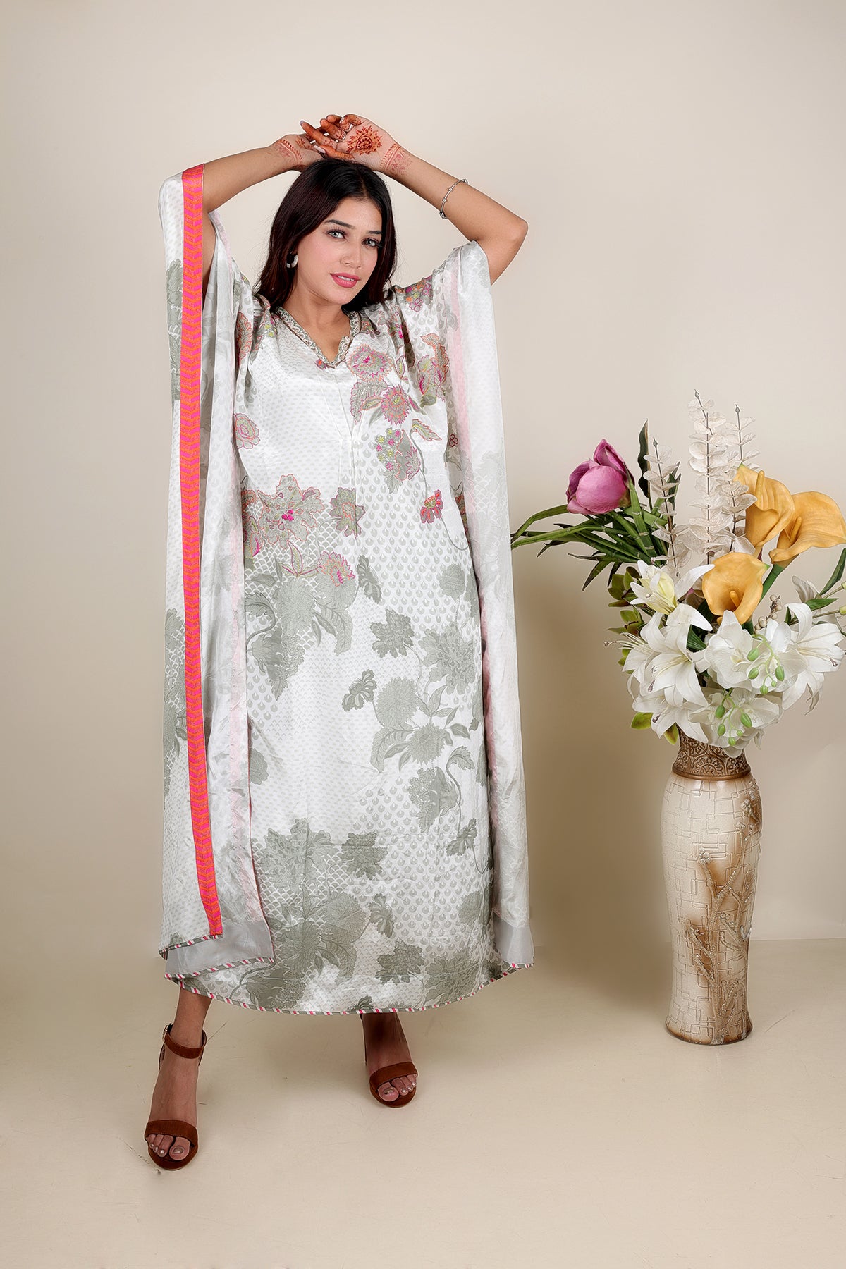 White Printed Kaftan in Crepe