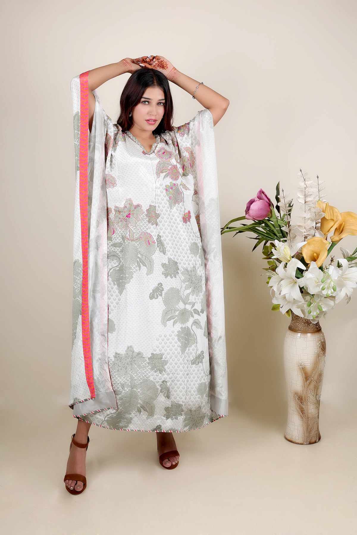 White Printed Kaftan in Crepe