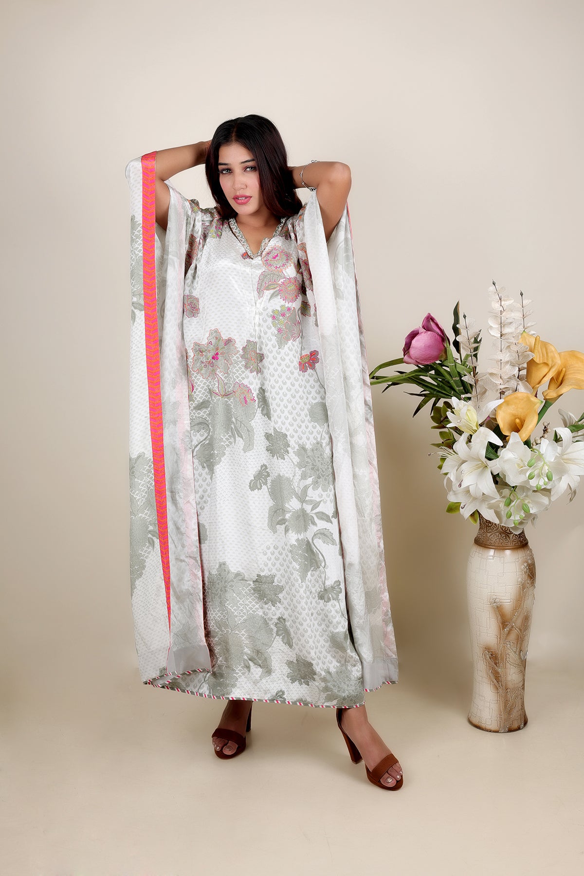 White Printed Kaftan in Crepe