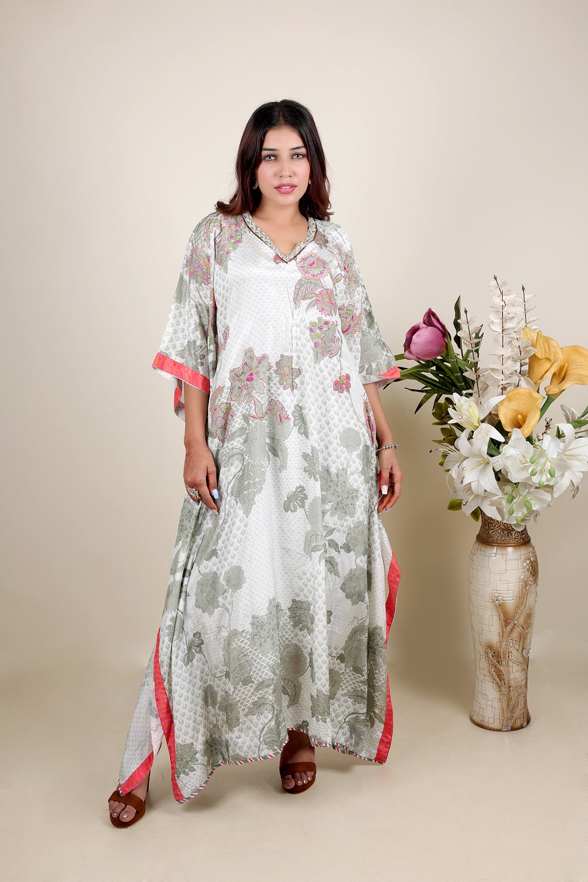 White Printed Kaftan in Crepe