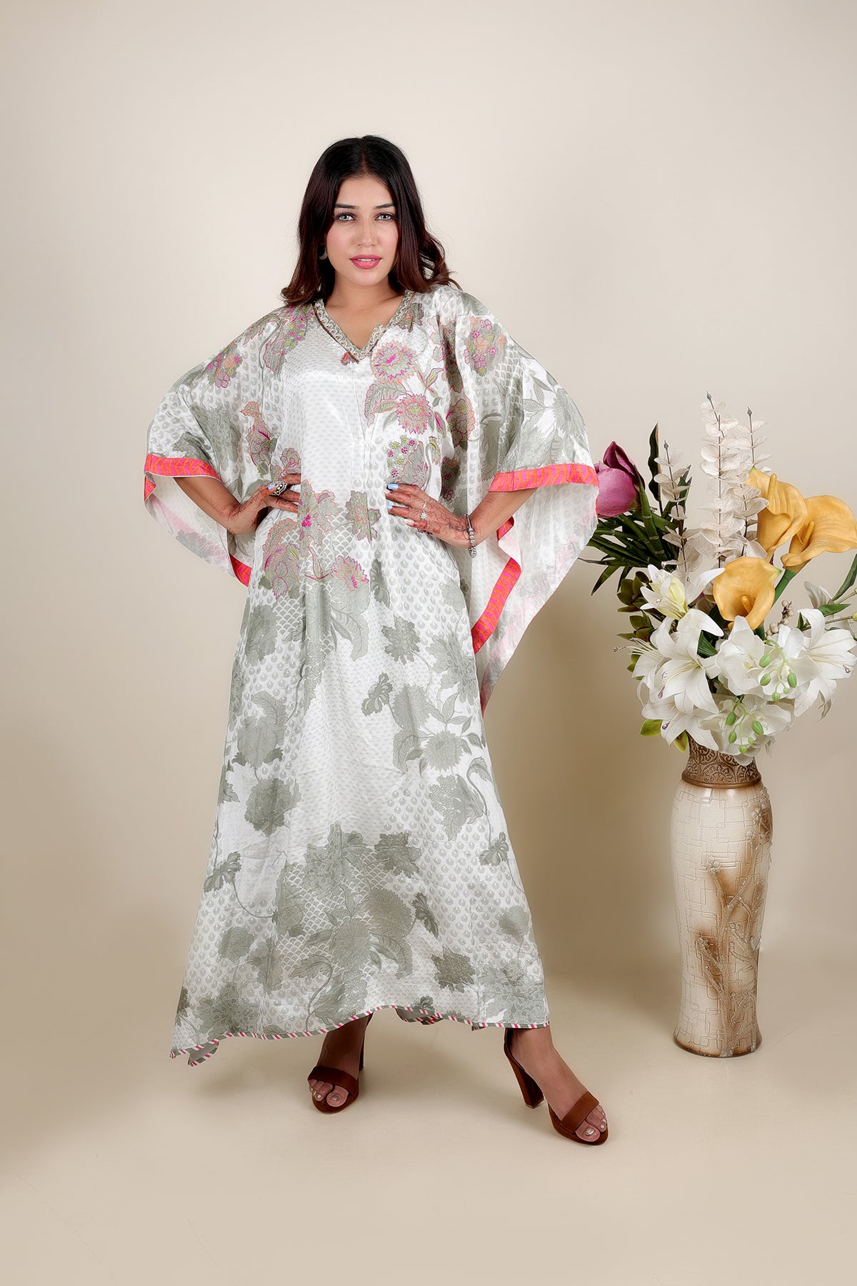 White Printed Kaftan in Crepe