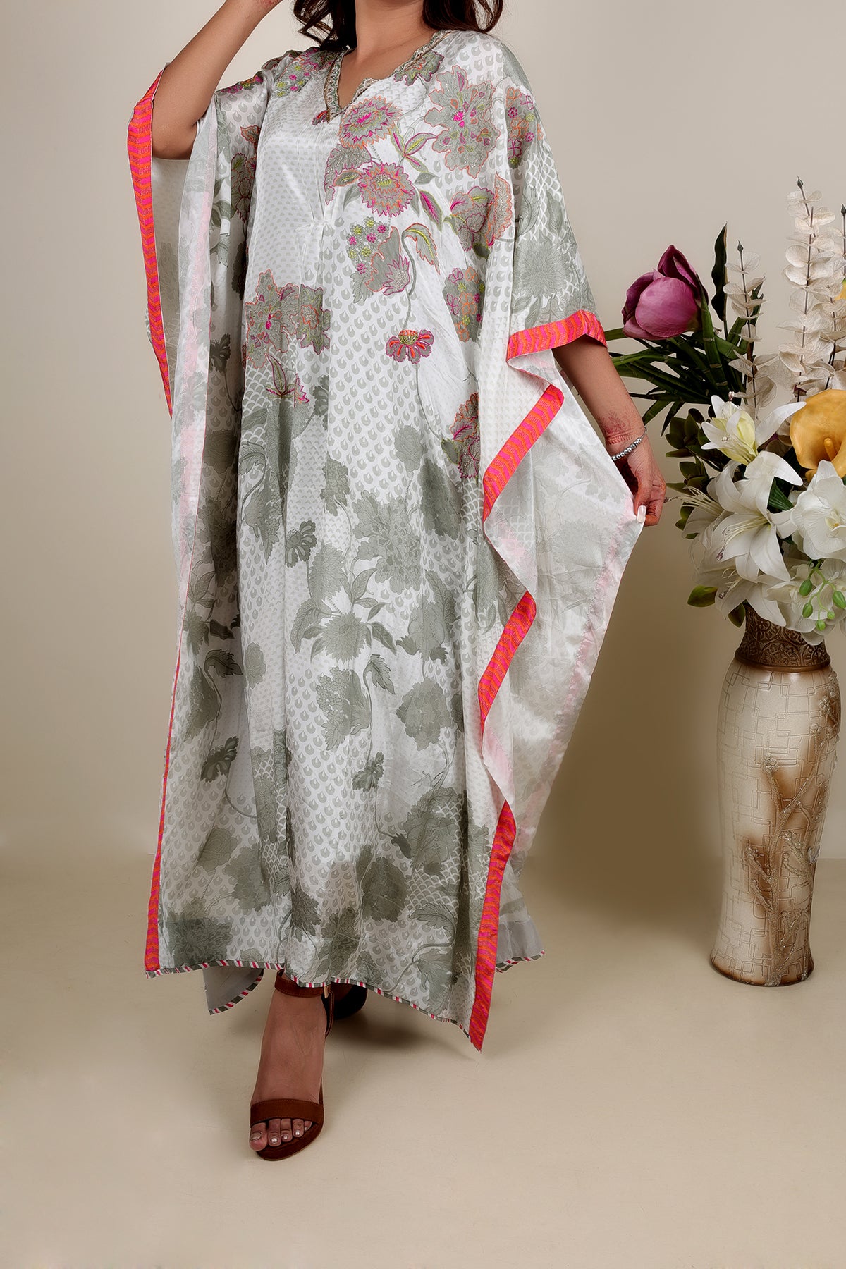 White Printed Kaftan in Crepe