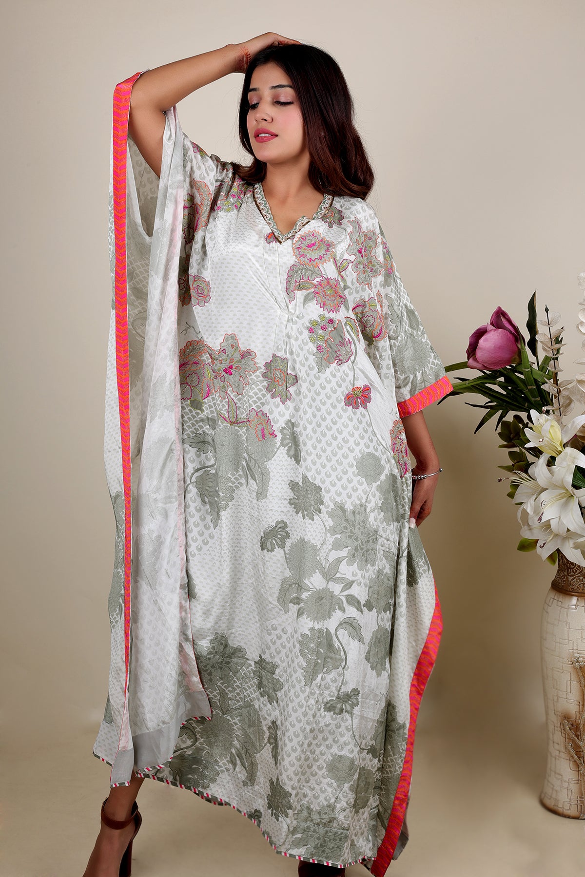 White Printed Kaftan in Crepe