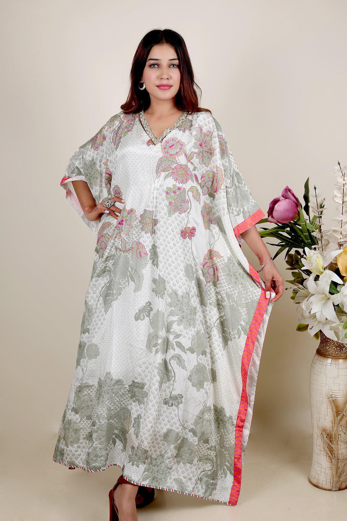 White Printed Kaftan in Crepe