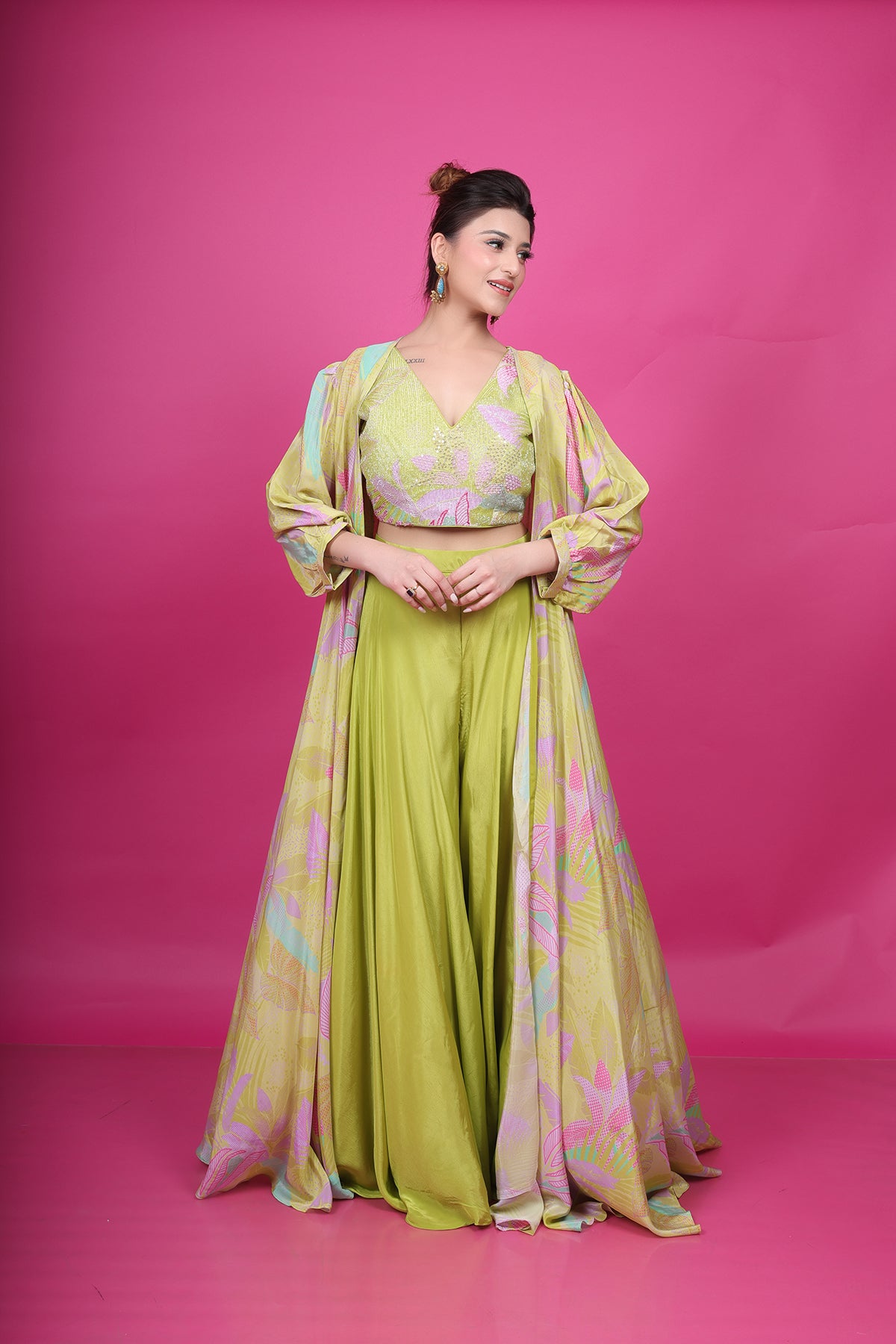 Green Sharara Set with Cape in Crepe