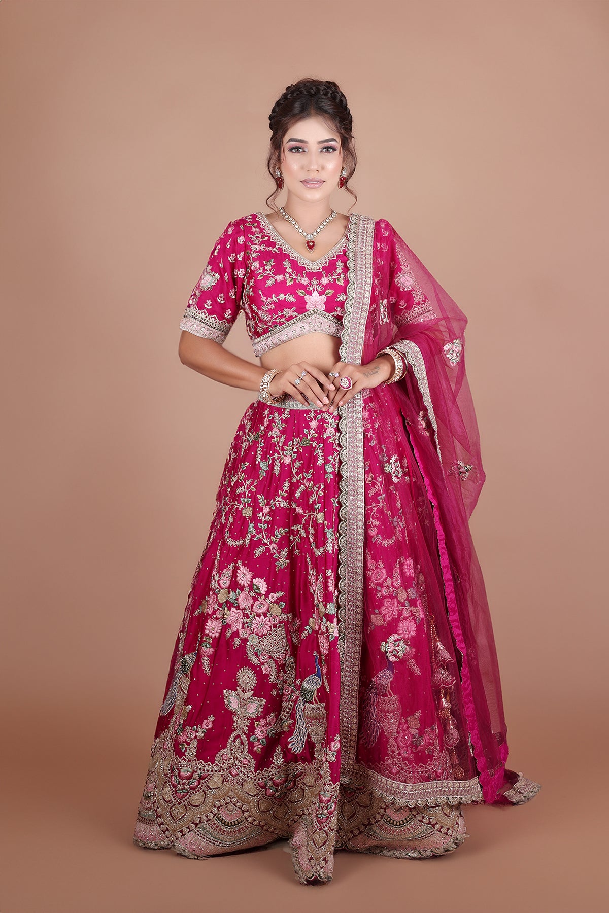 Rose Bud Cherry Lehenga in Silk fabric adorned with thread embroidery