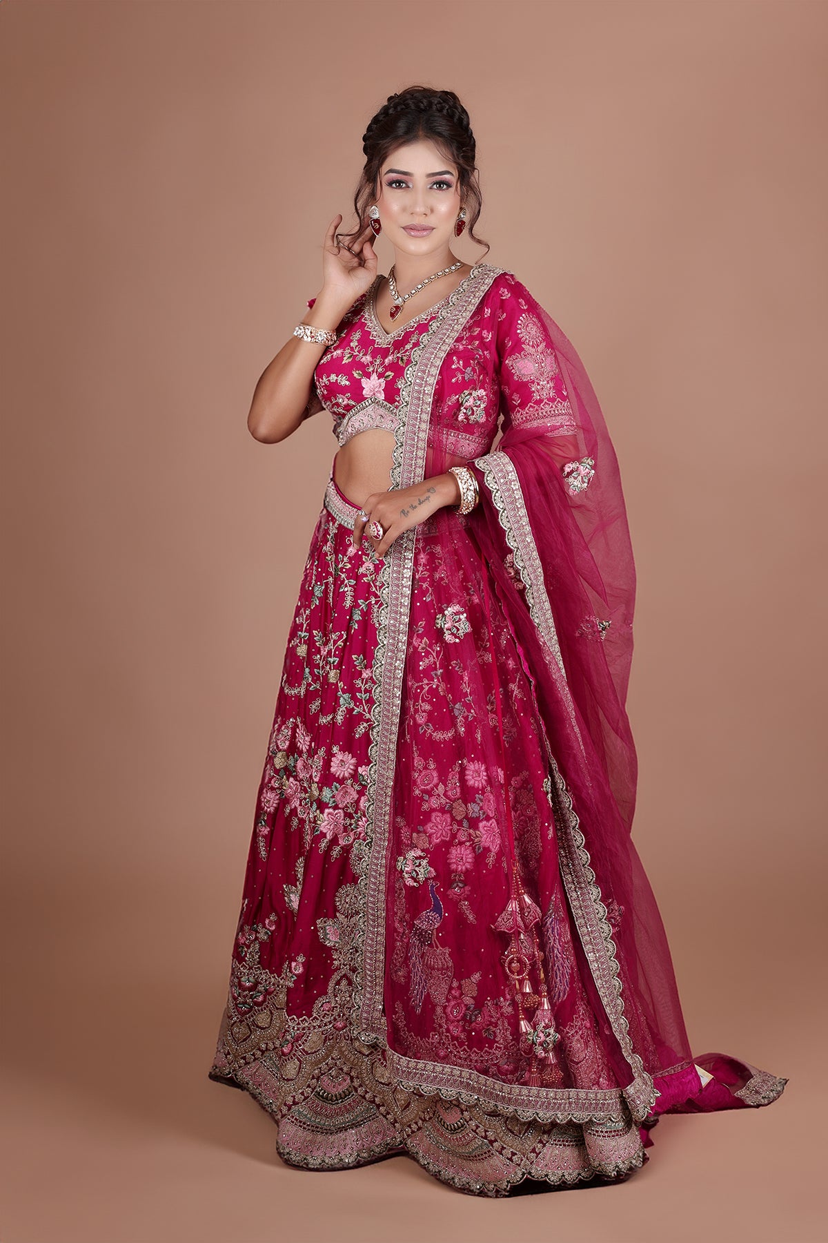 Rose Bud Cherry Lehenga in Silk fabric adorned with thread embroidery