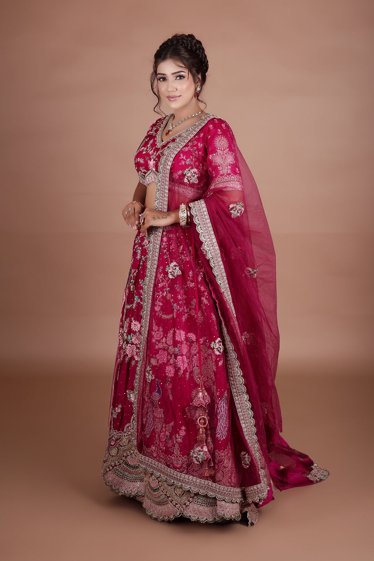 Rose Bud Cherry Lehenga in Silk fabric adorned with thread embroidery