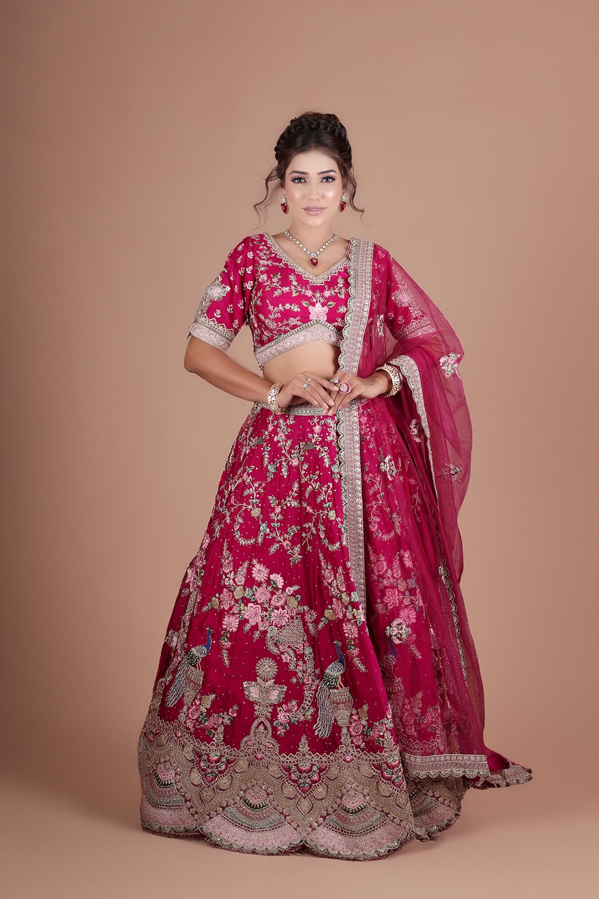 Rose Bud Cherry Lehenga in Silk fabric adorned with thread embroidery