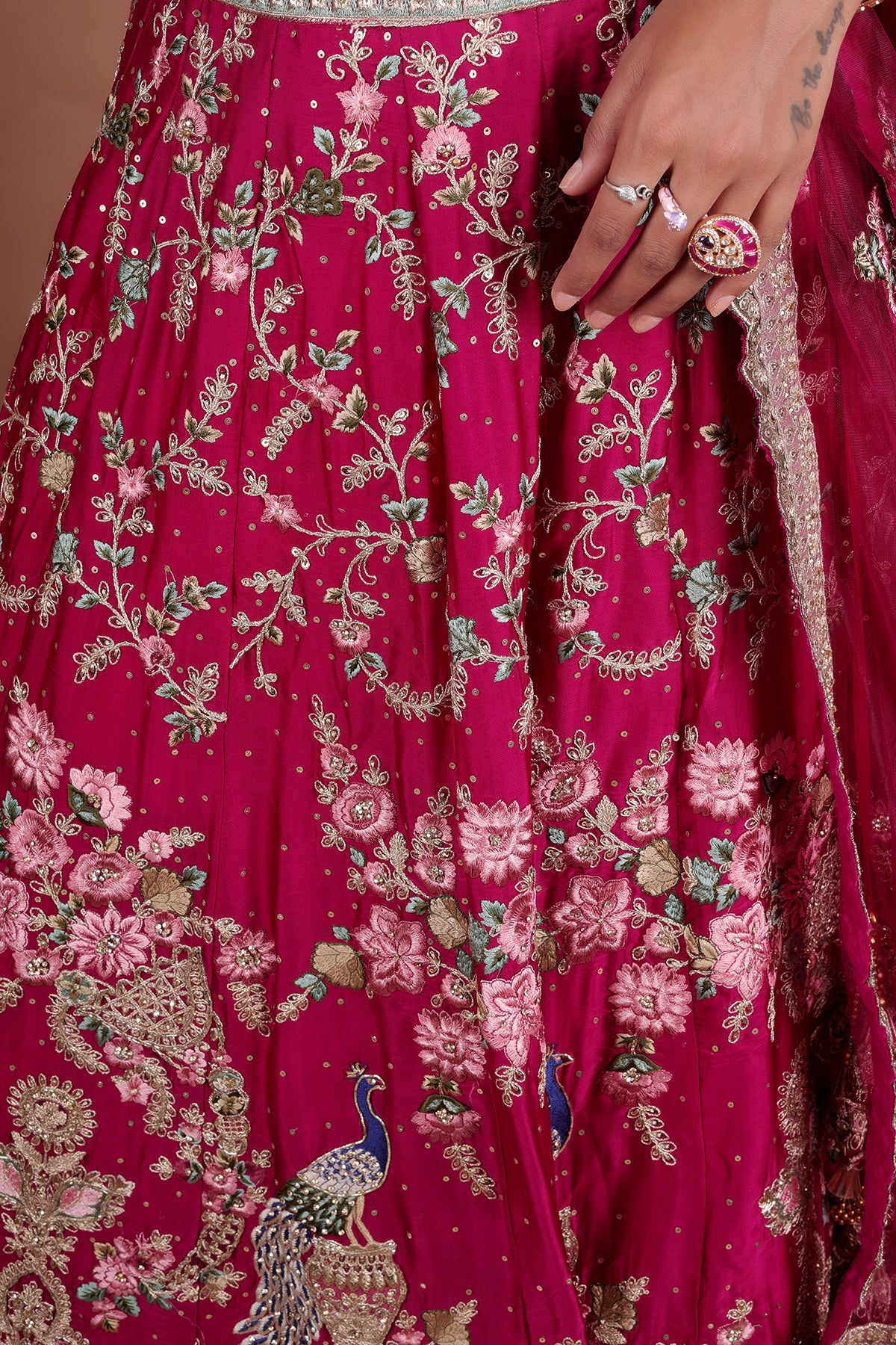 Rose Bud Cherry Lehenga in Silk fabric adorned with thread embroidery