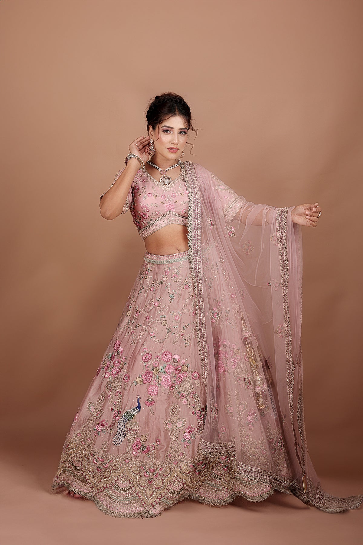 Onion Pink Lehenga in Silk fabric adorned with thread embroidery