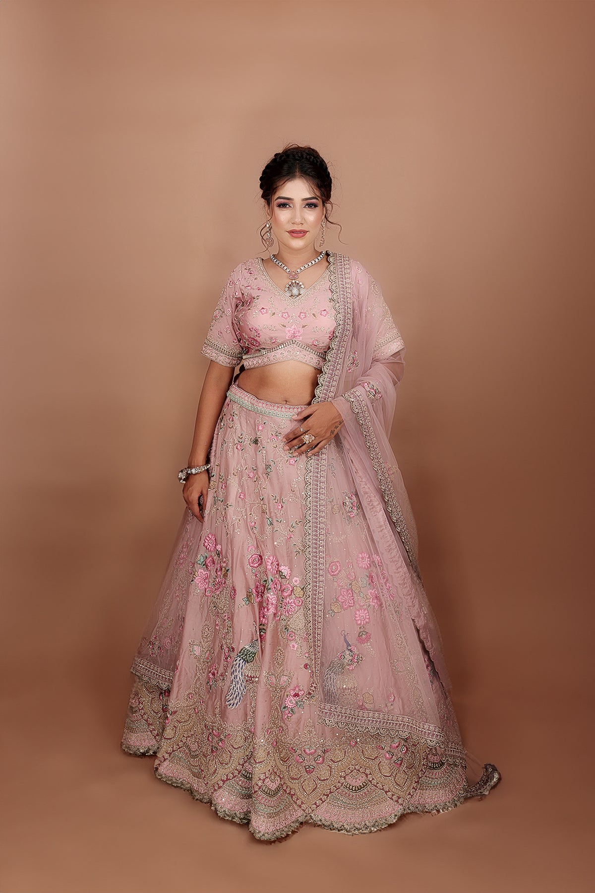 Onion Pink Lehenga in Silk fabric adorned with thread embroidery