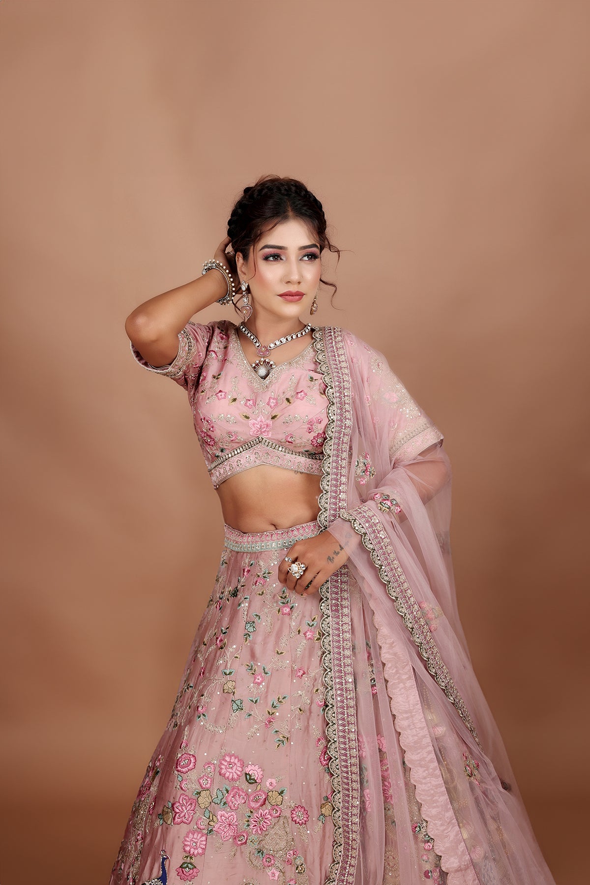 Onion Pink Lehenga in Silk fabric adorned with thread embroidery