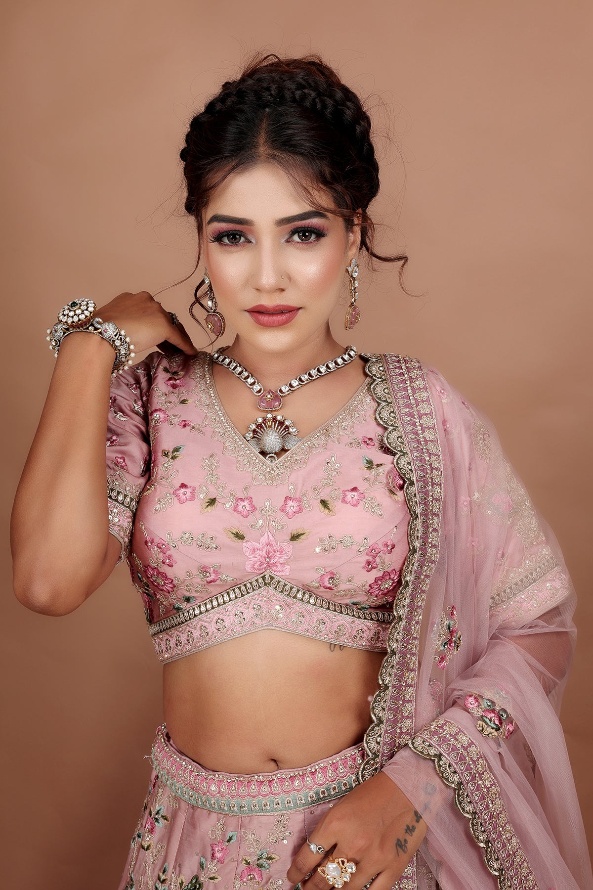 Onion Pink Lehenga in Silk fabric adorned with thread embroidery