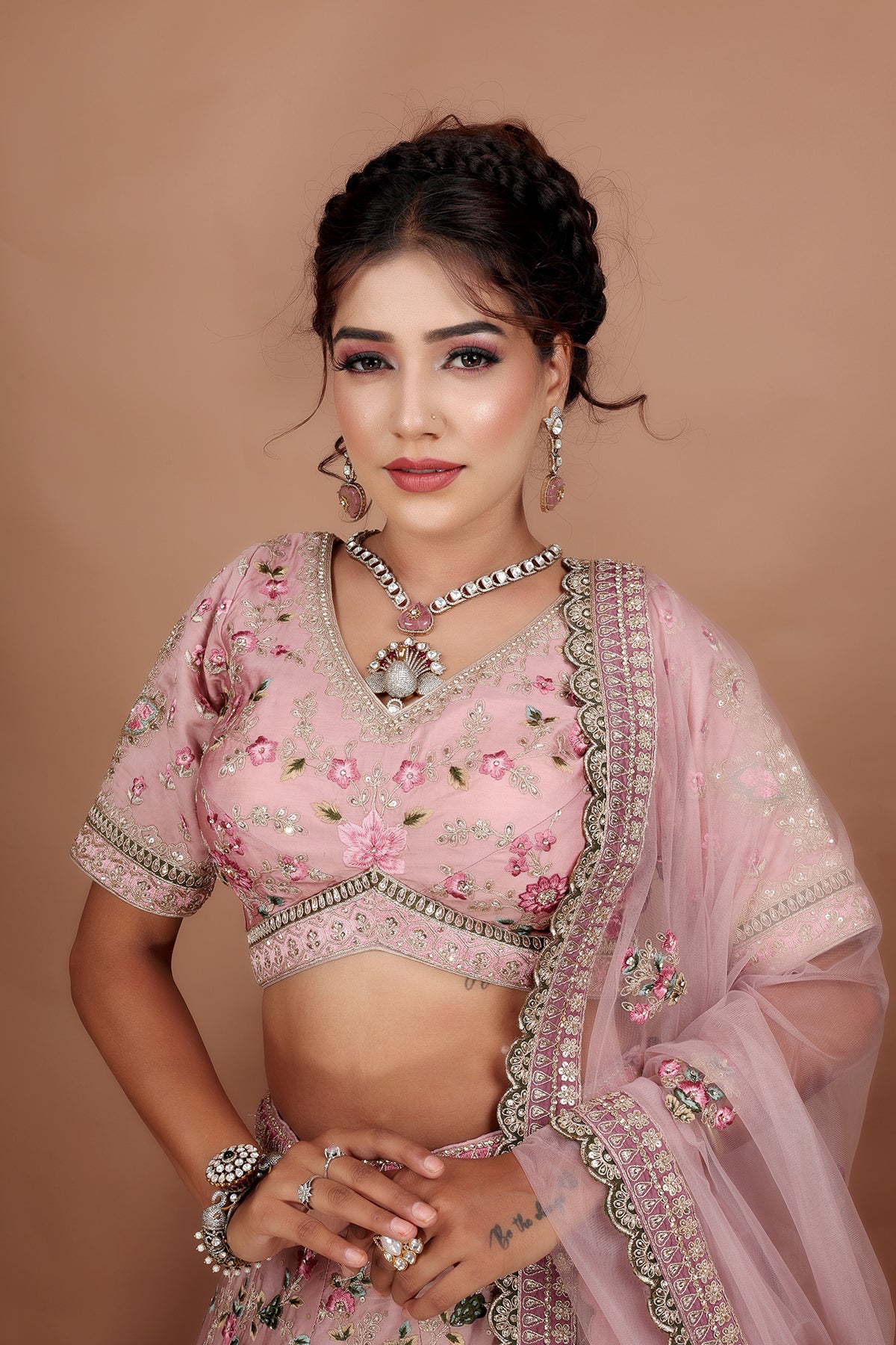 Onion Pink Lehenga in Silk fabric adorned with thread embroidery