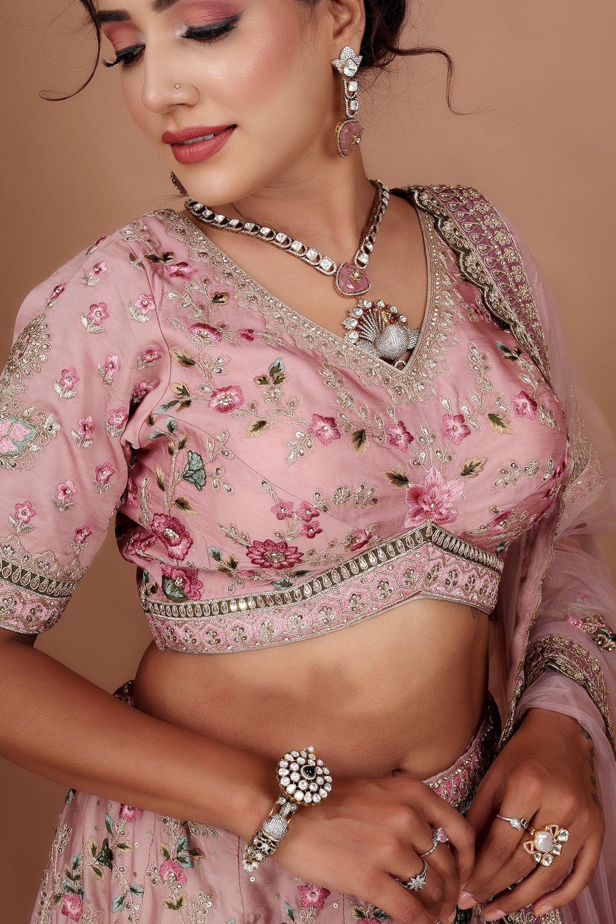 Onion Pink Lehenga in Silk fabric adorned with thread embroidery