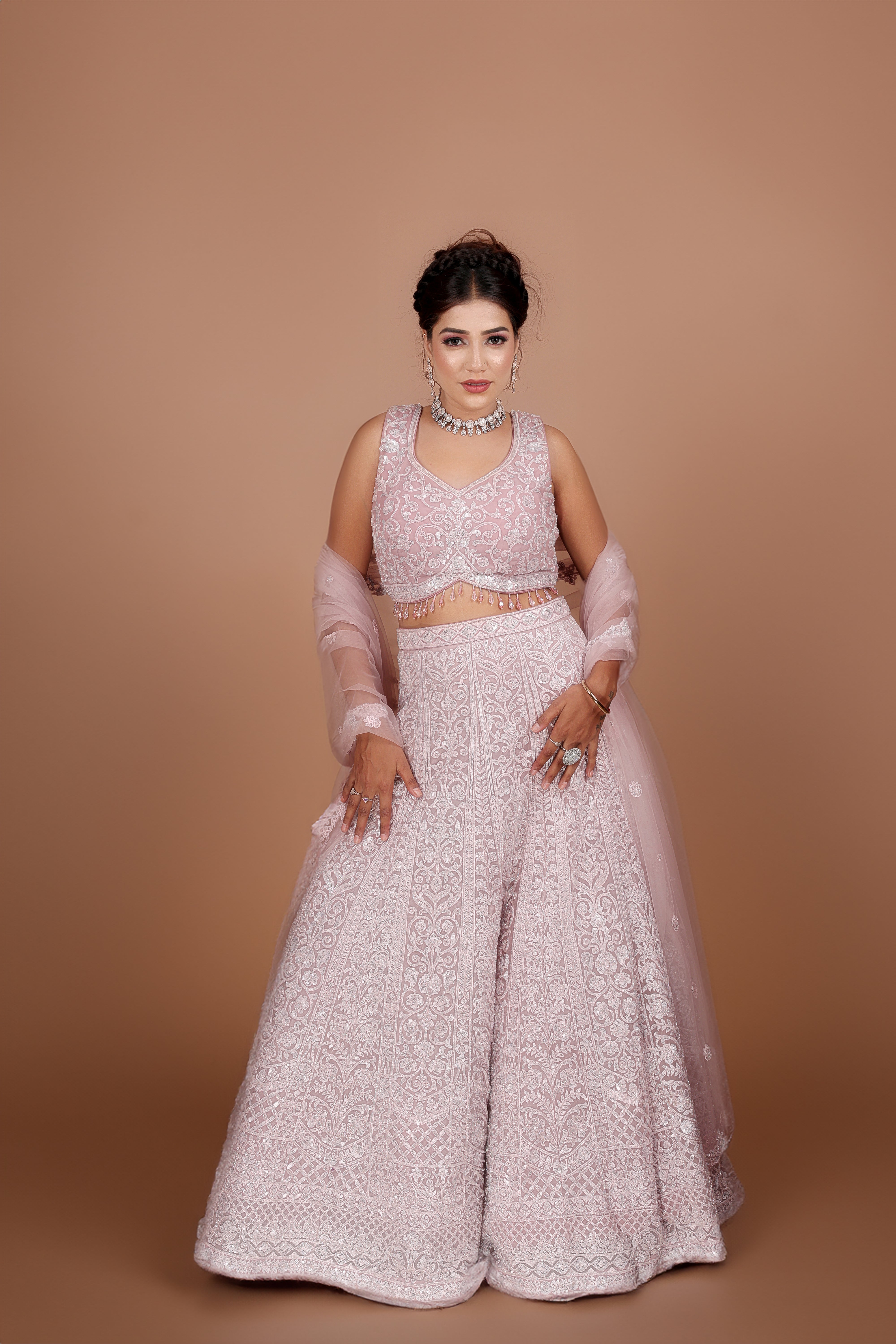 Mauve Lehenga in Net fabric adorned with thread, pearl and cut dana embroidery