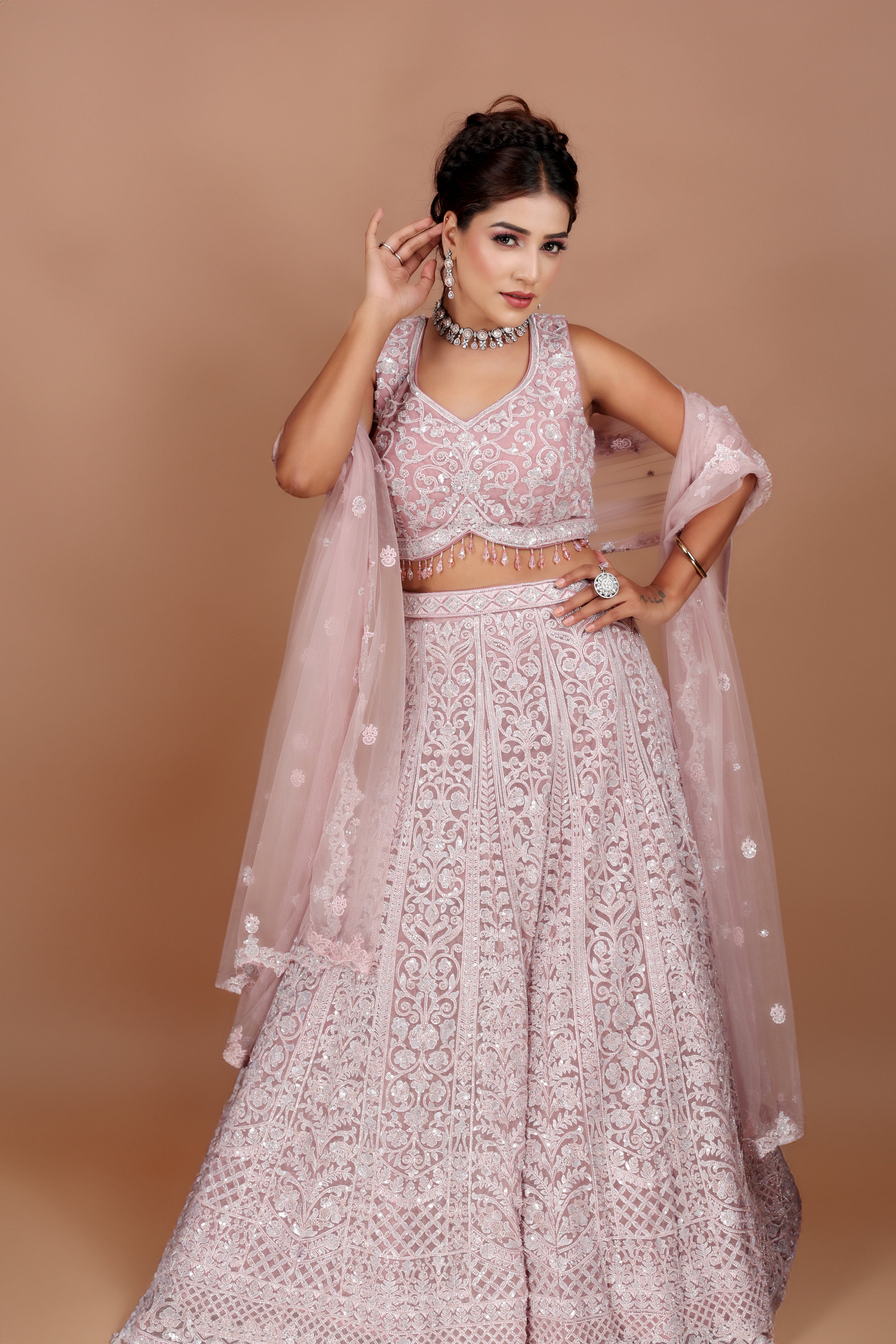 Mauve Lehenga in Net fabric adorned with thread, pearl and cut dana embroidery