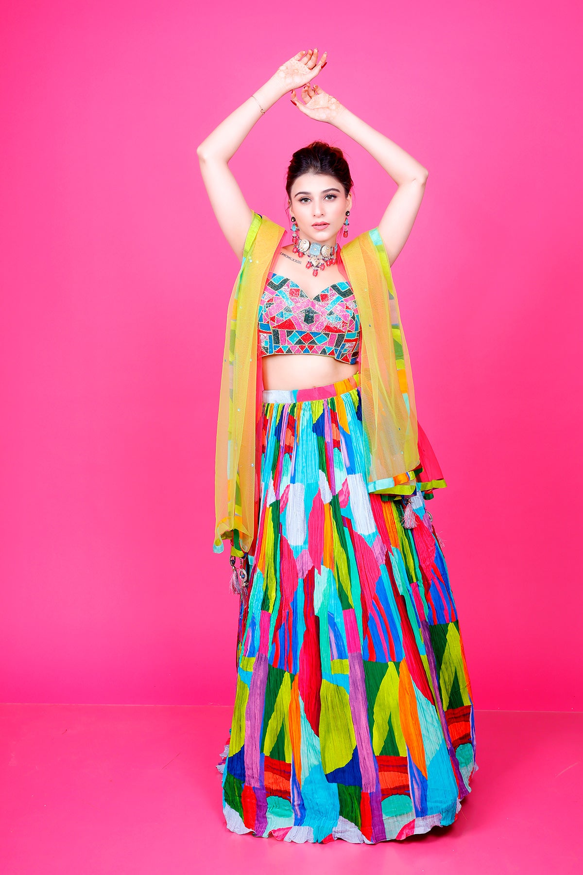 Multi Colored printed lehenga in crepe with embroidered Top