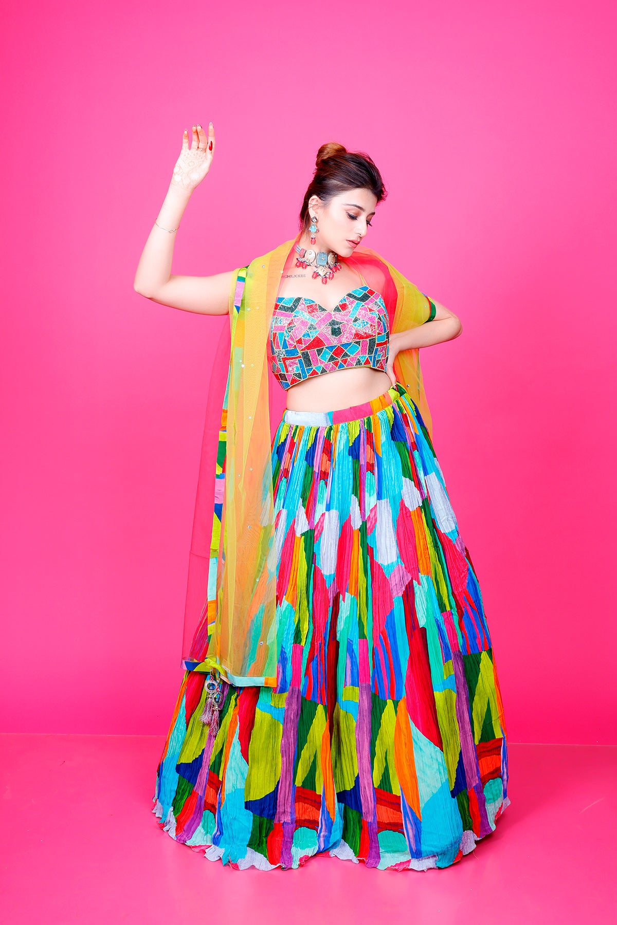 Multi Colored printed lehenga in crepe with embroidered Top