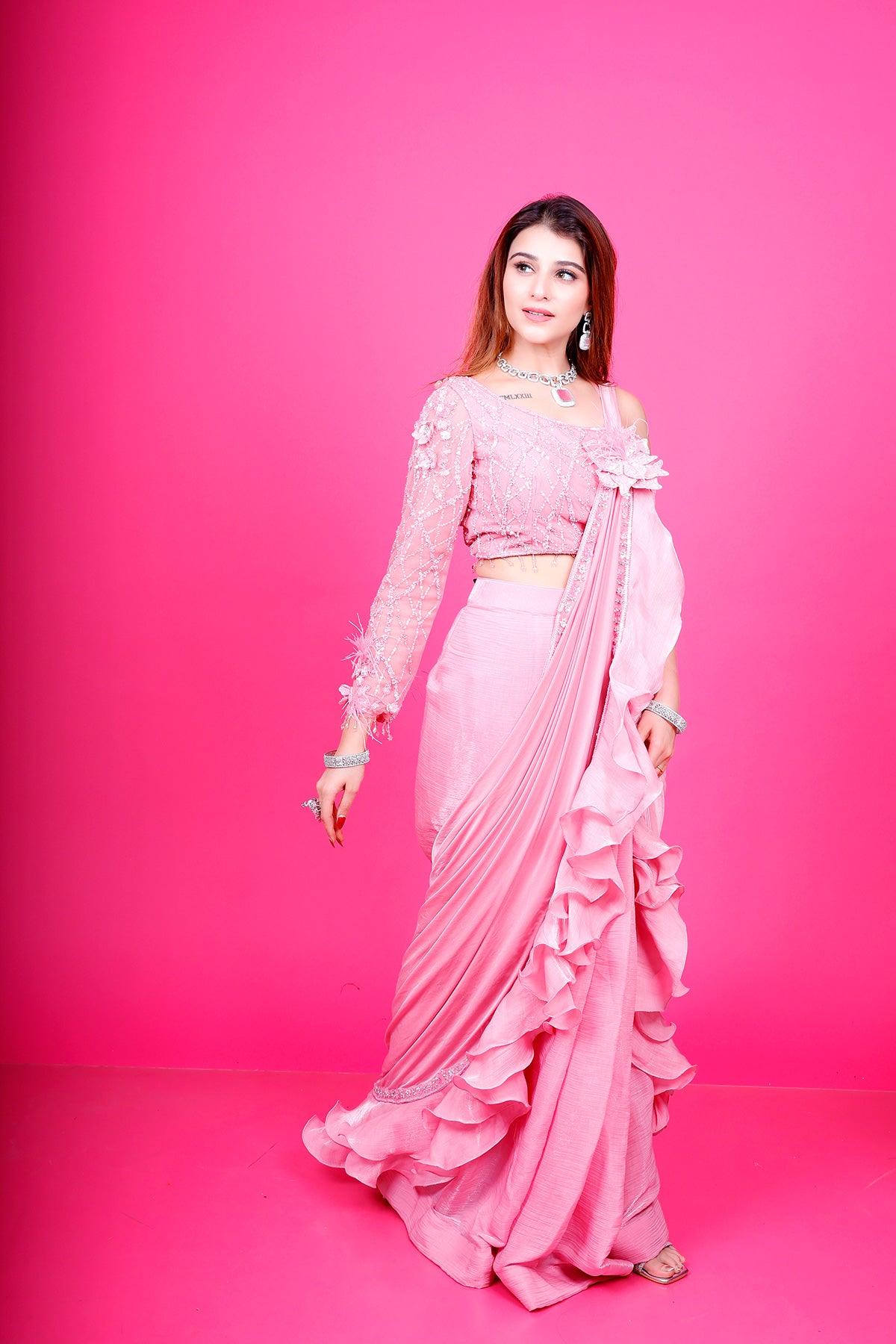 Pink Drape saree in chinnon with embroidered Blouse
