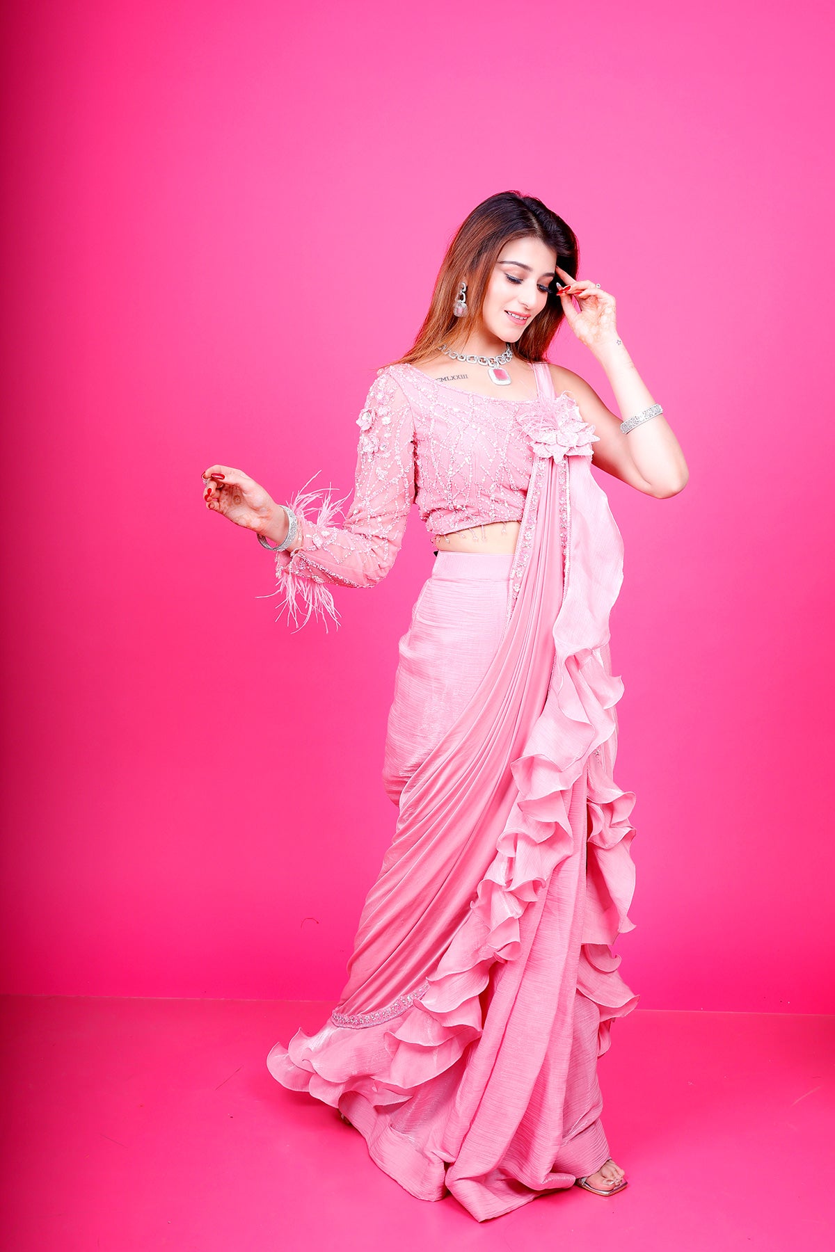 Pink Drape saree in chinnon with embroidered Blouse
