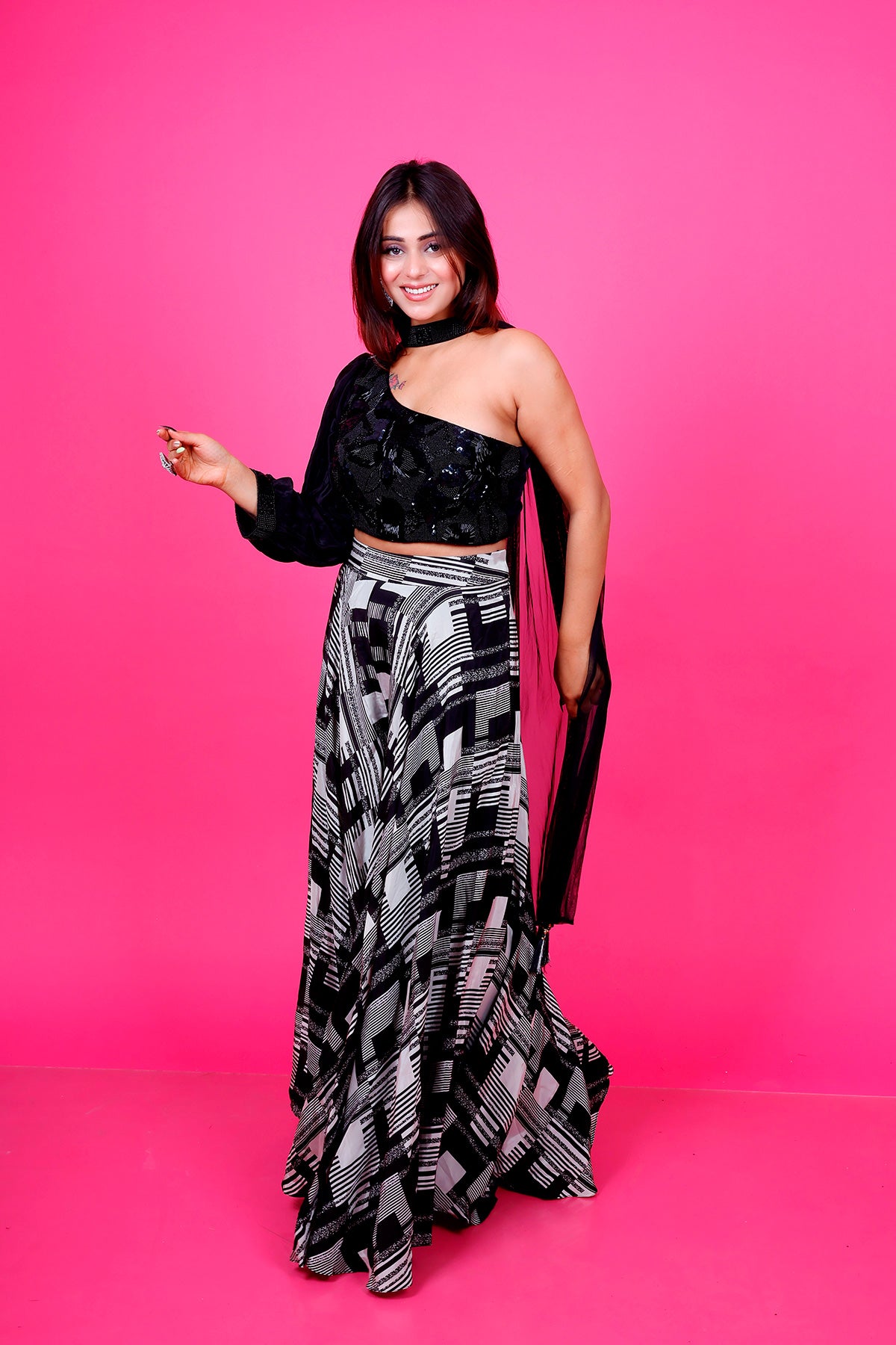 Black skirt set with one side sleeve top