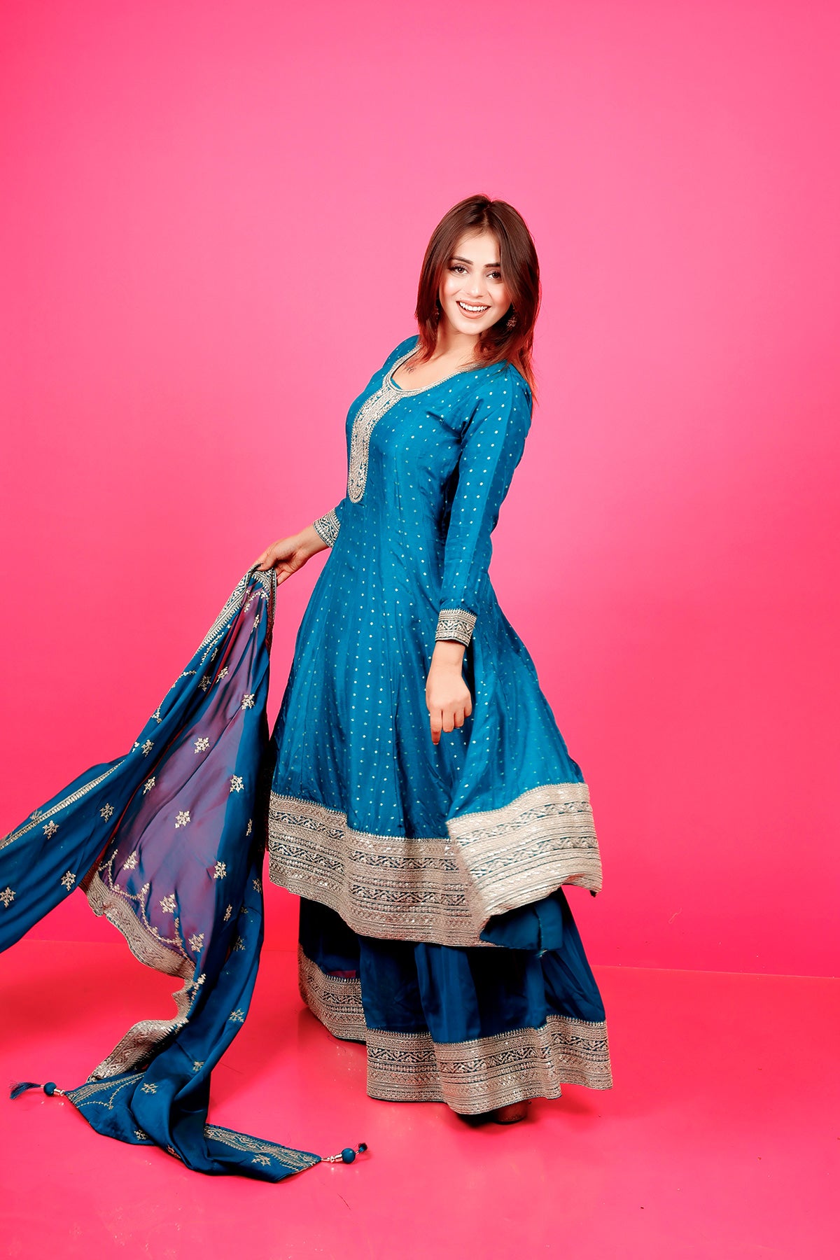 Peacock Anarkali Suit with palazzo in silk