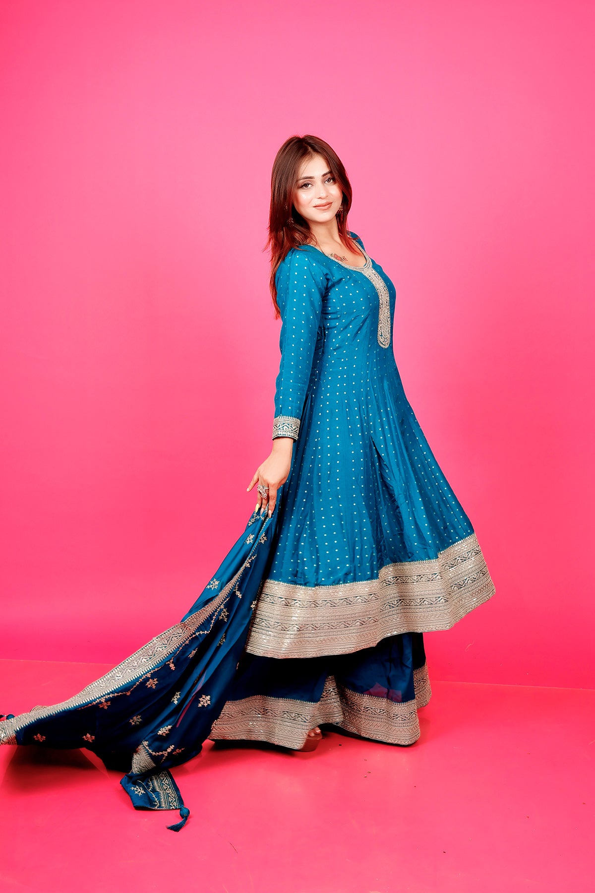Peacock Anarkali Suit with palazzo in silk