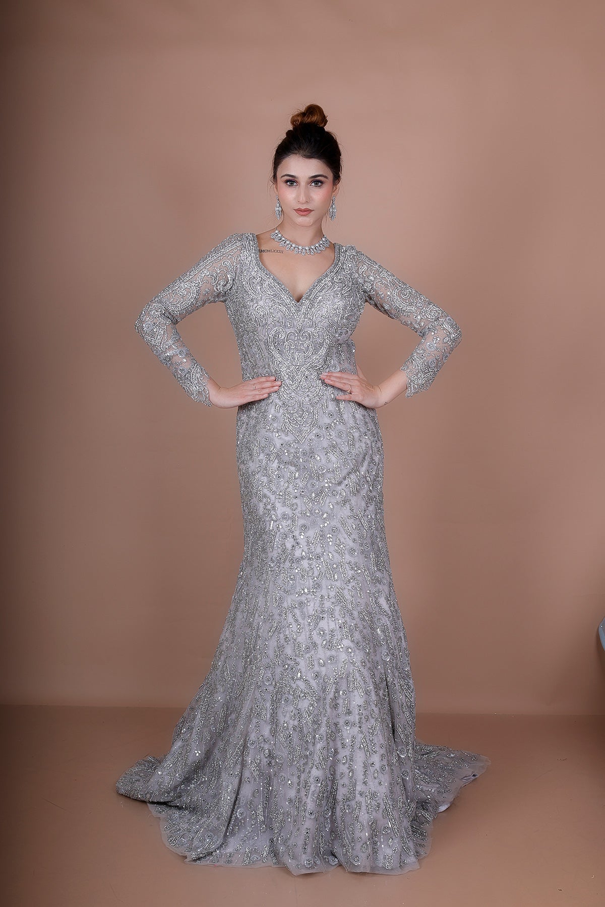 Silver Mermaid Gown In net with sequins work