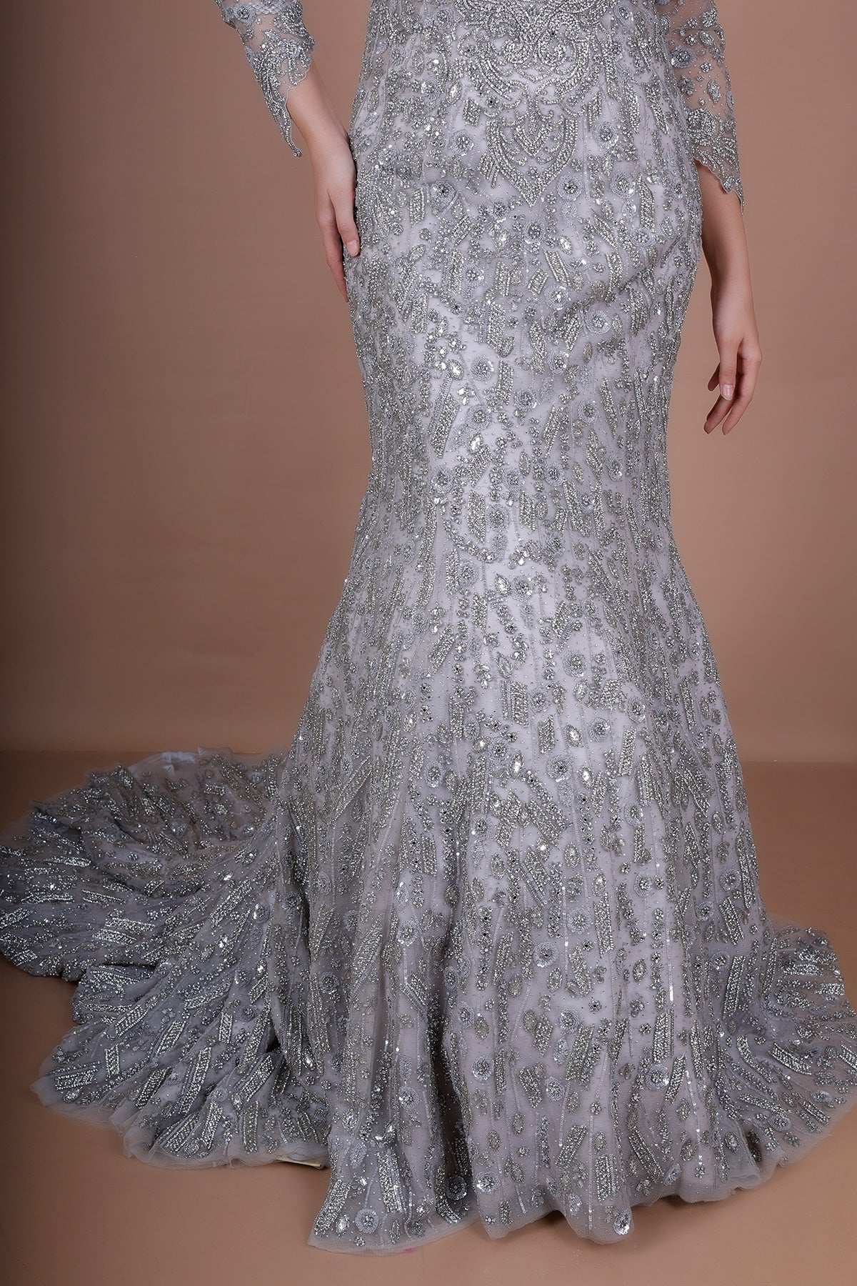 Silver Mermaid Gown In net with sequins work